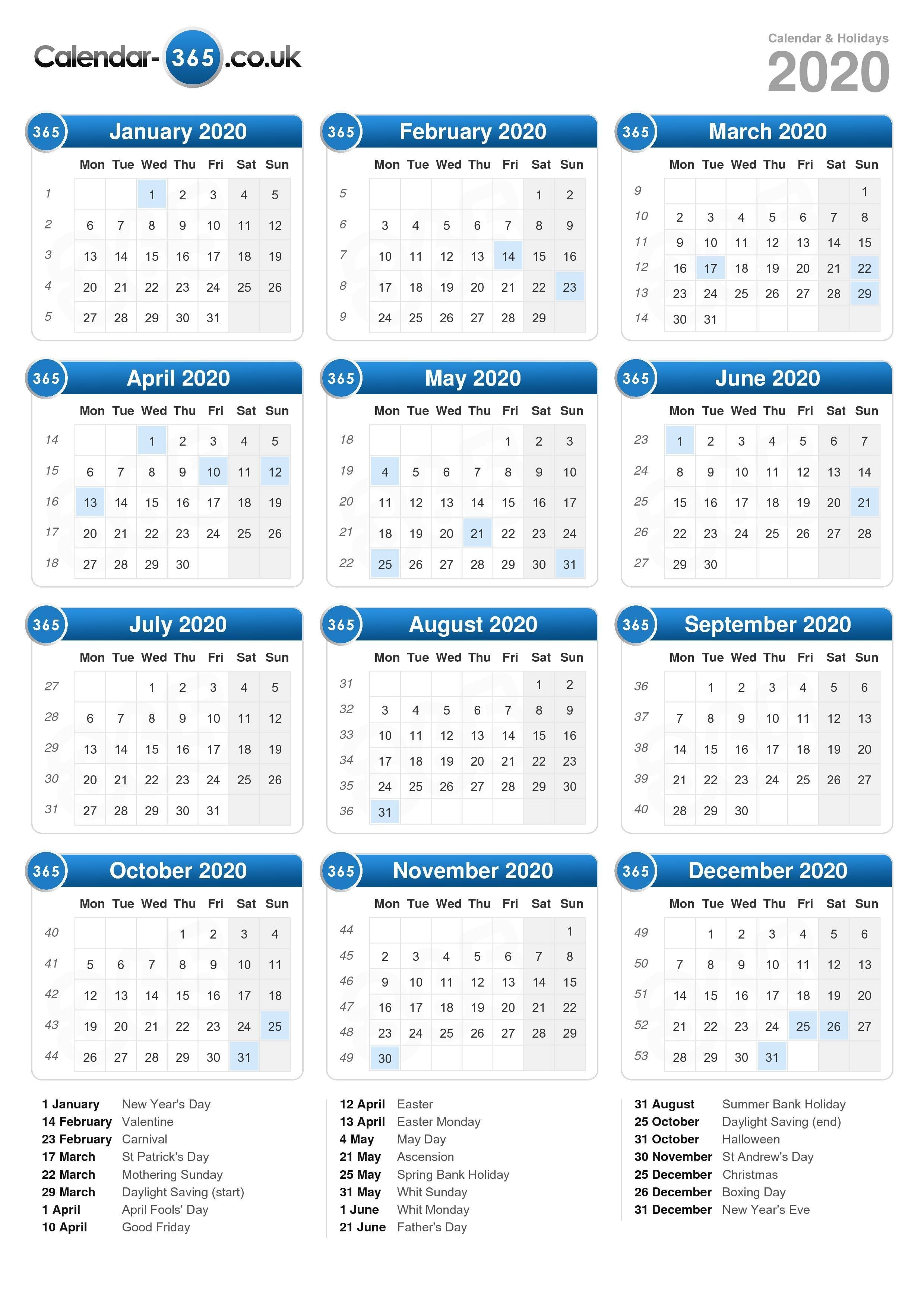 Calendar 2020-2020 Calendar Including Bank Holidays