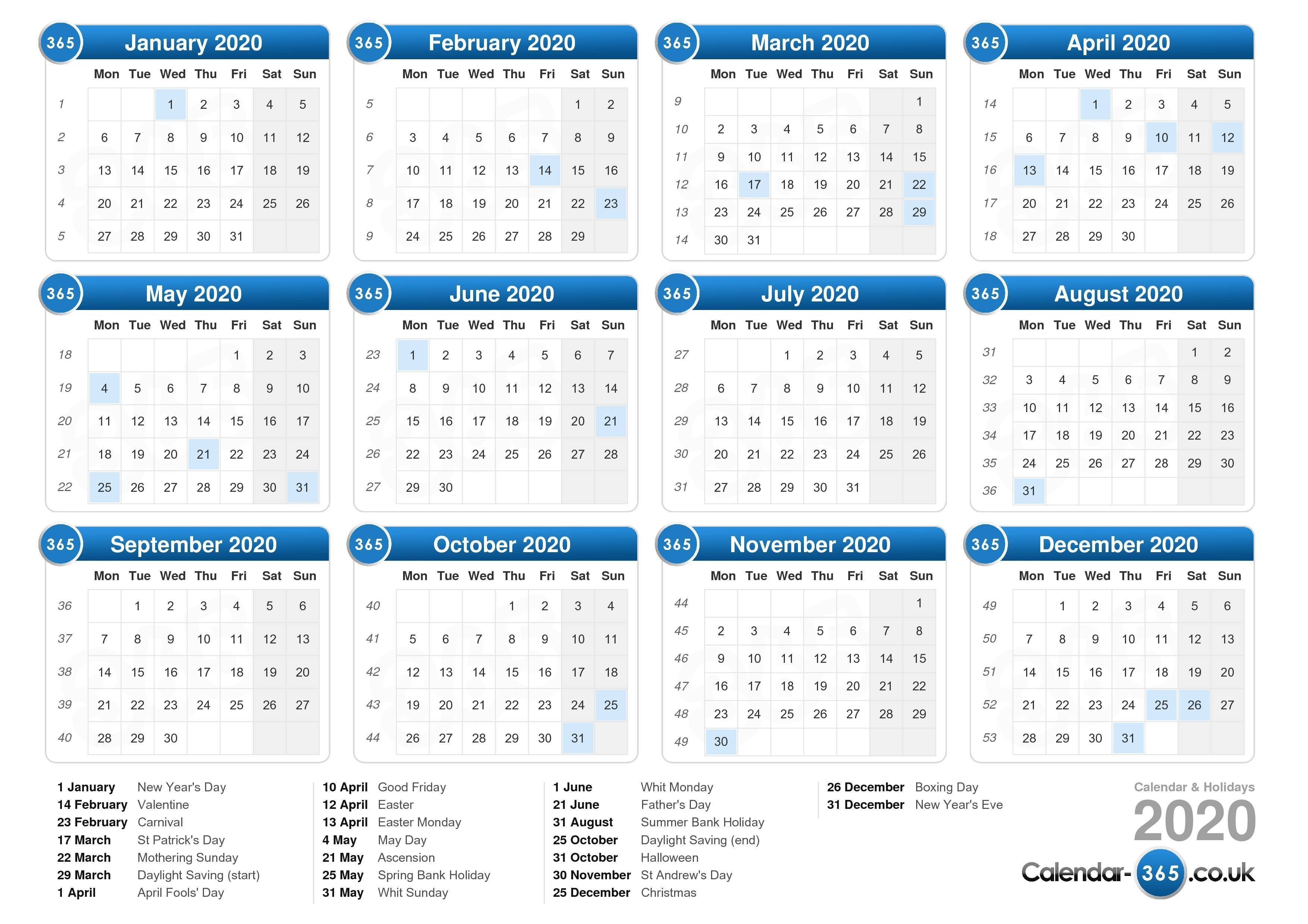 Calendar 2020-2020 Calendar Including Bank Holidays