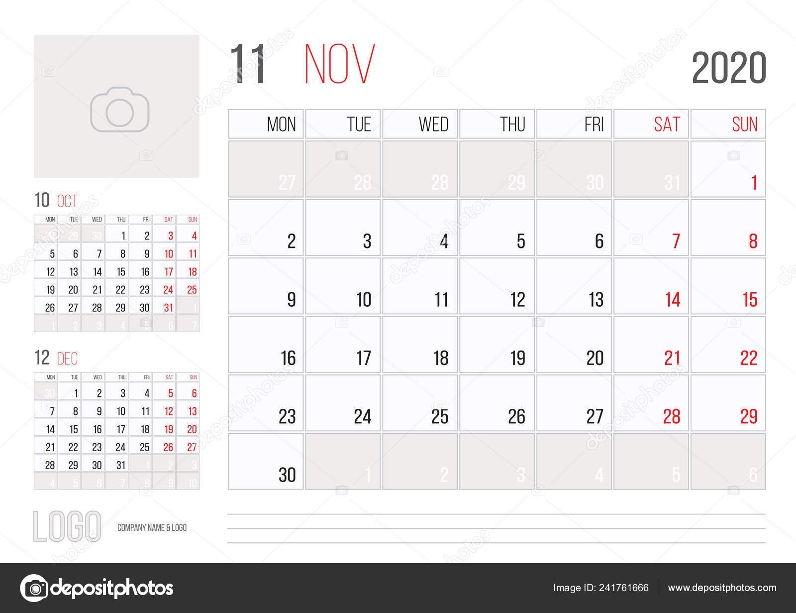 Calendar 2020 Planner Corporate Template Design November-Printable Calendar 2020 Monthly Monday Weekday Start