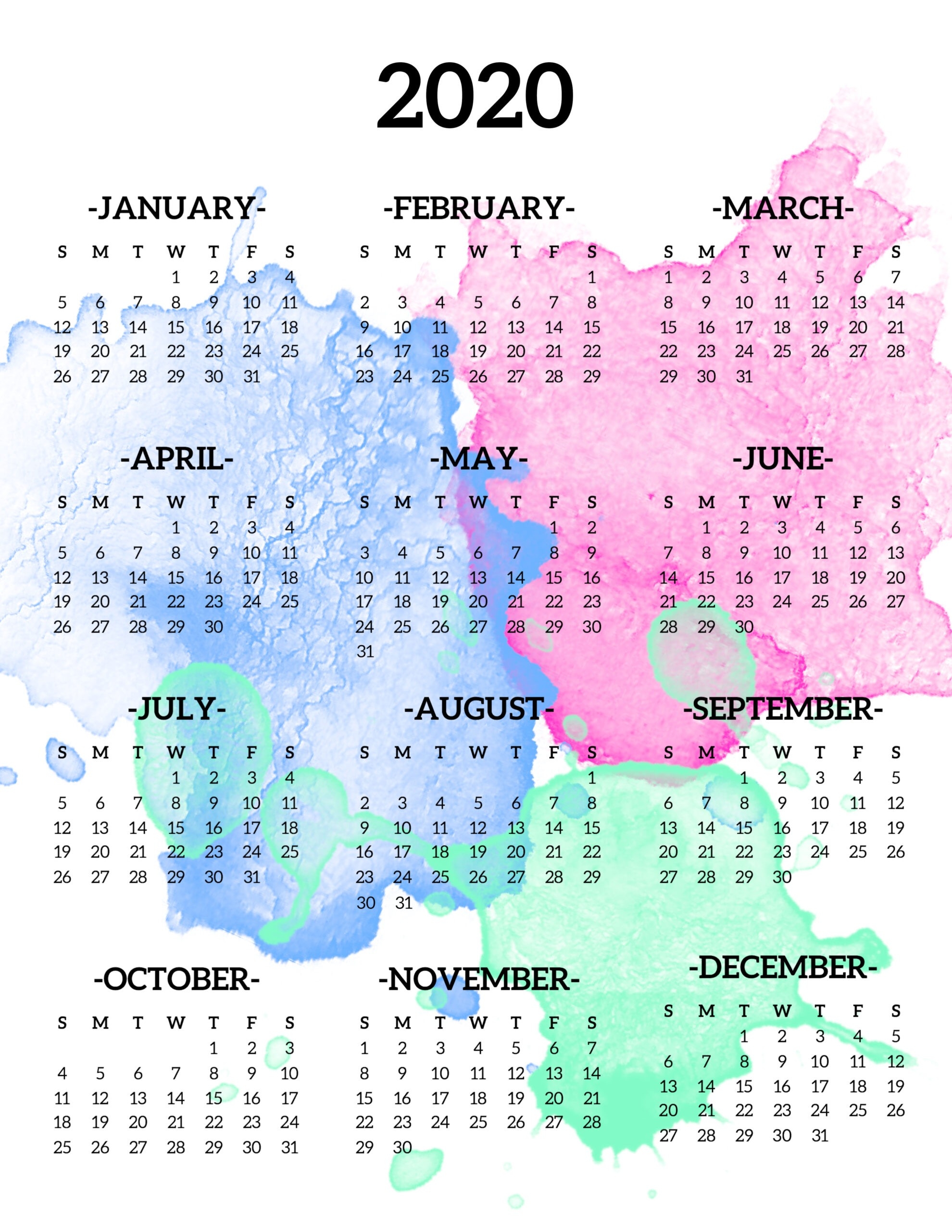 Calendar 2020 Printable One Page - Paper Trail Design-2020 Year At A Glance Calendar Template