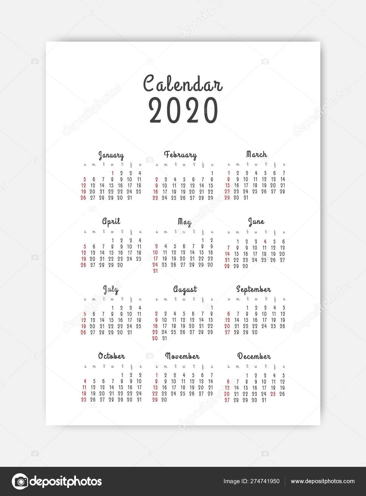 Calendar 2020 Template. 12 Months. Include Holiday Event-W 9 Template 2020