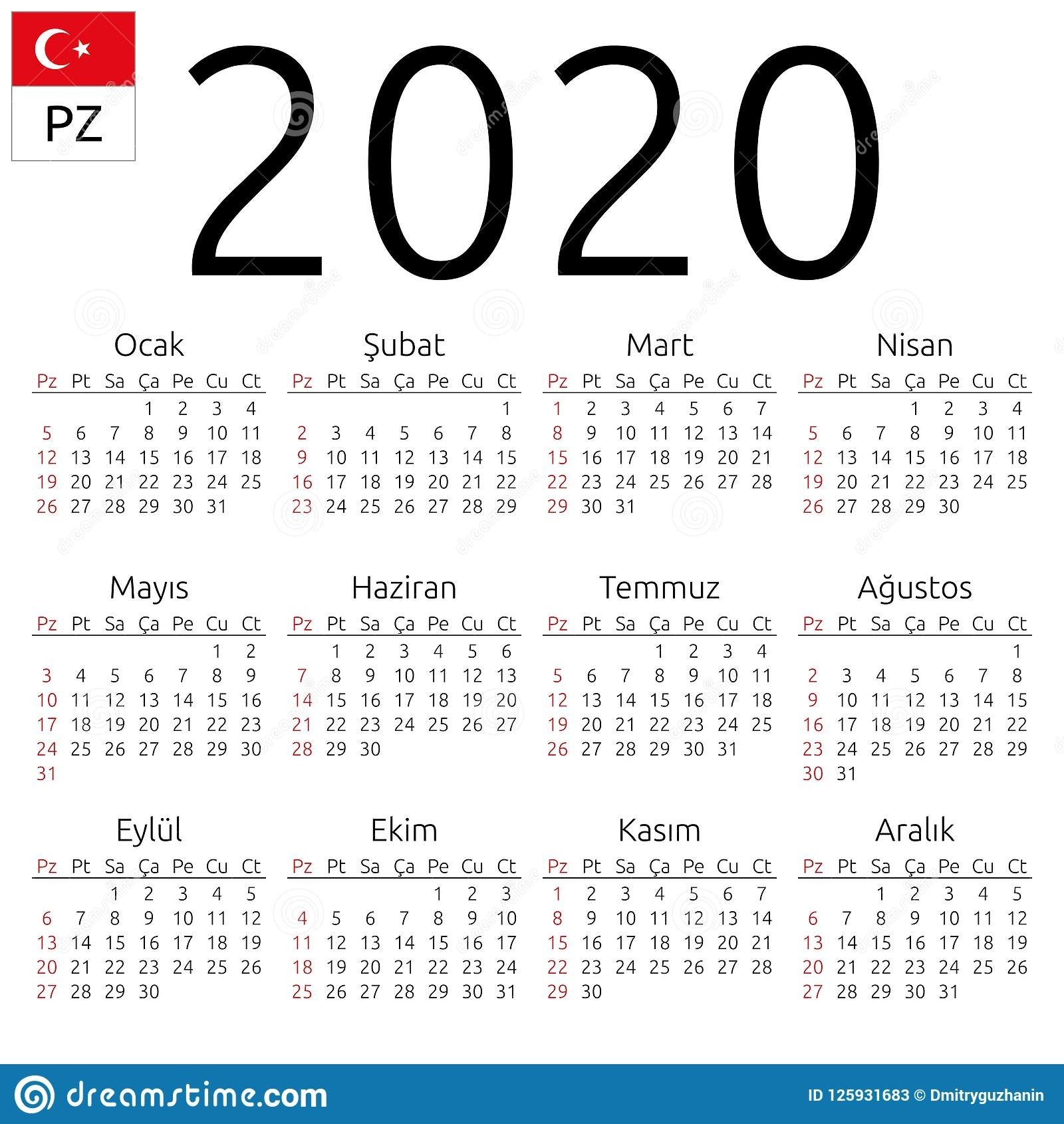 Calendar 2020, Turkish, Sunday Stock Vector - Illustration-January 2020 Arabic Calendar