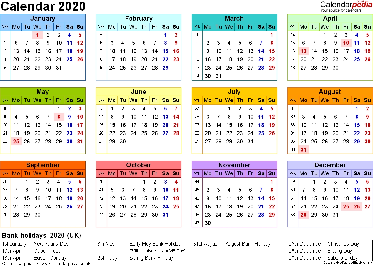 2020 Calendar Including Bank Holidays | Calendar Template ...