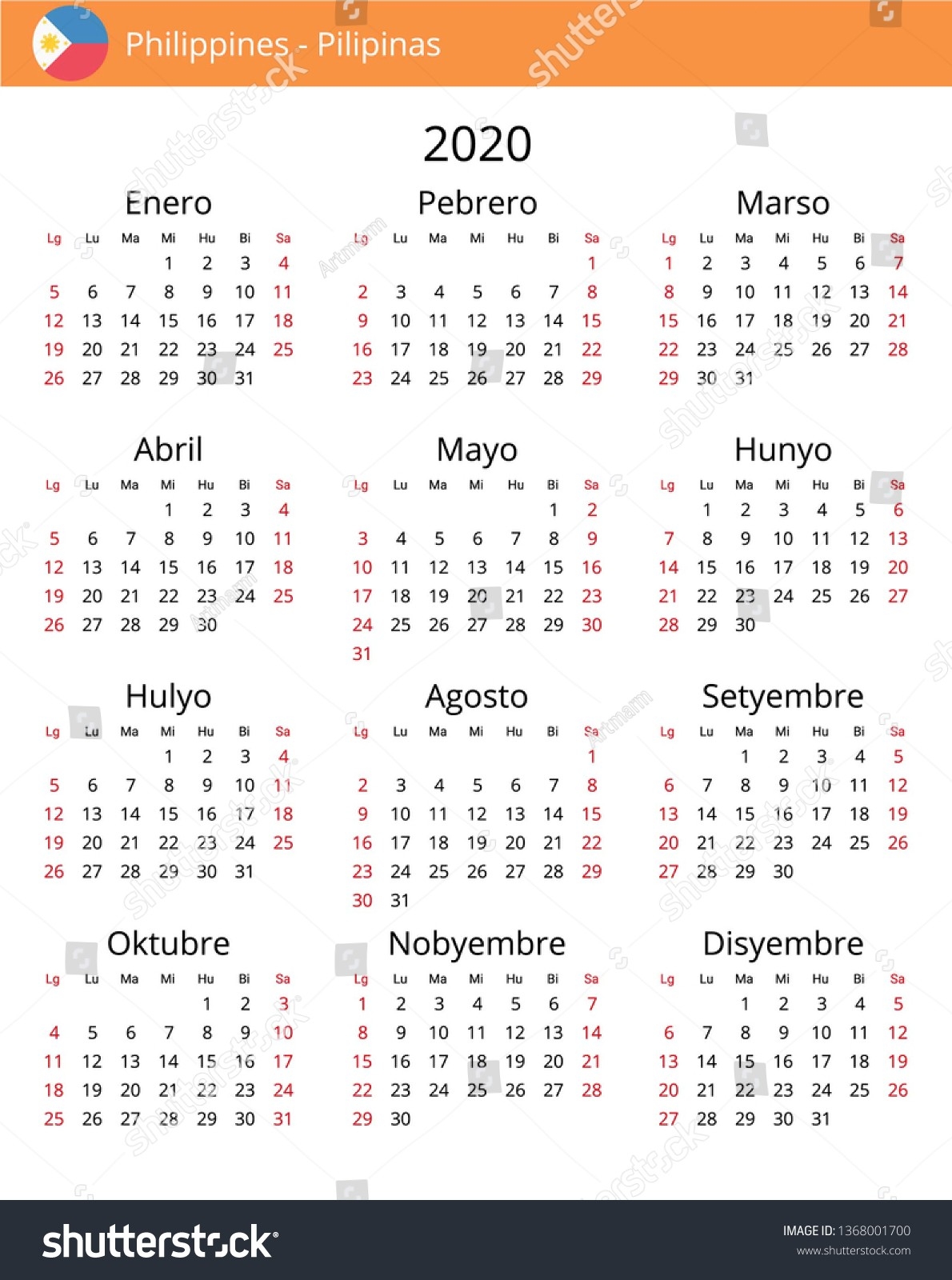 Calendar 2020 Year Philippines Country Philippine Stock-Template For Philippine Calendar 2020