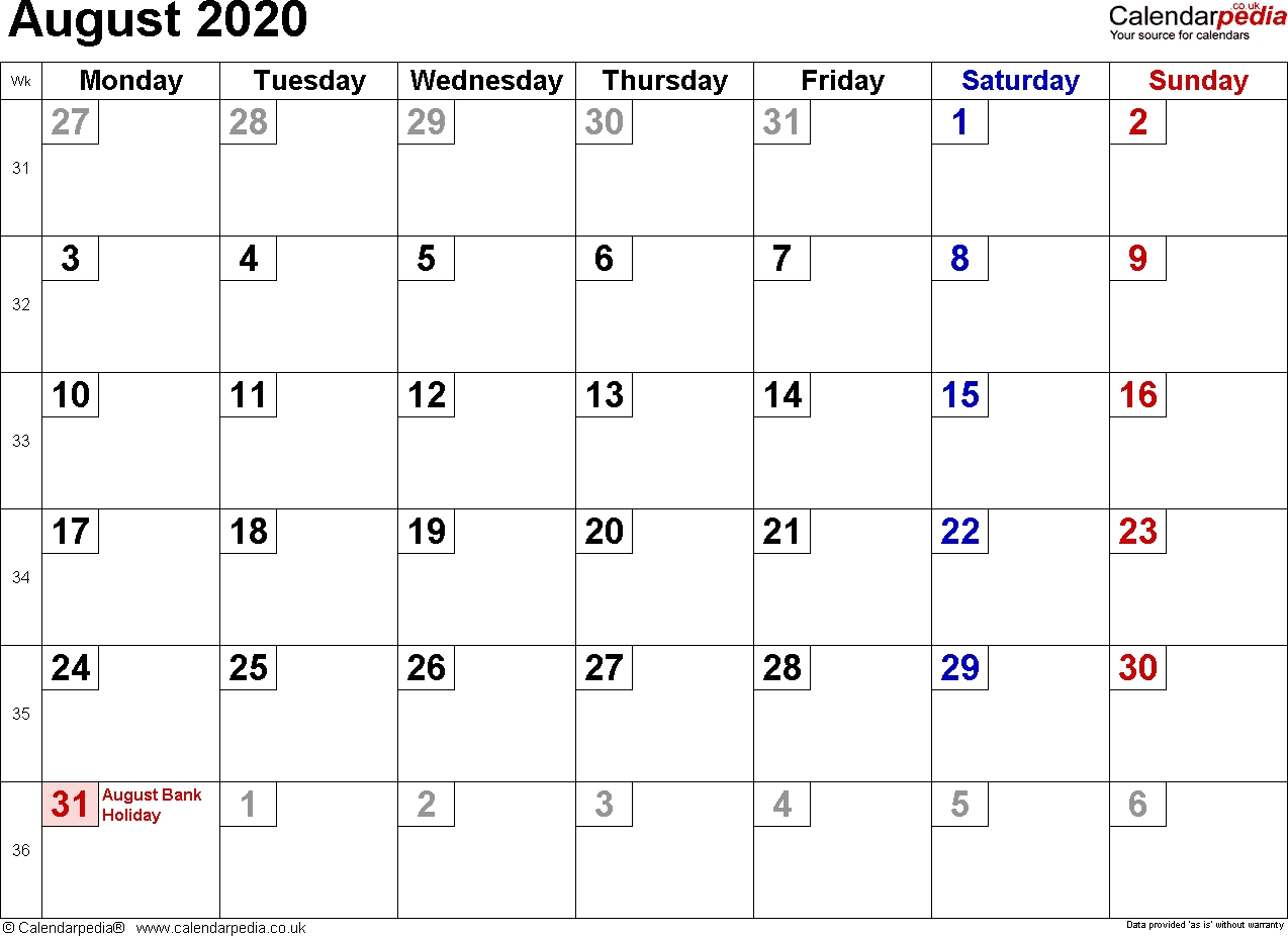 Calendar August 2020 Uk, Bank Holidays, Excel/pdf/word Templates-August 2020 Monthly Appointment