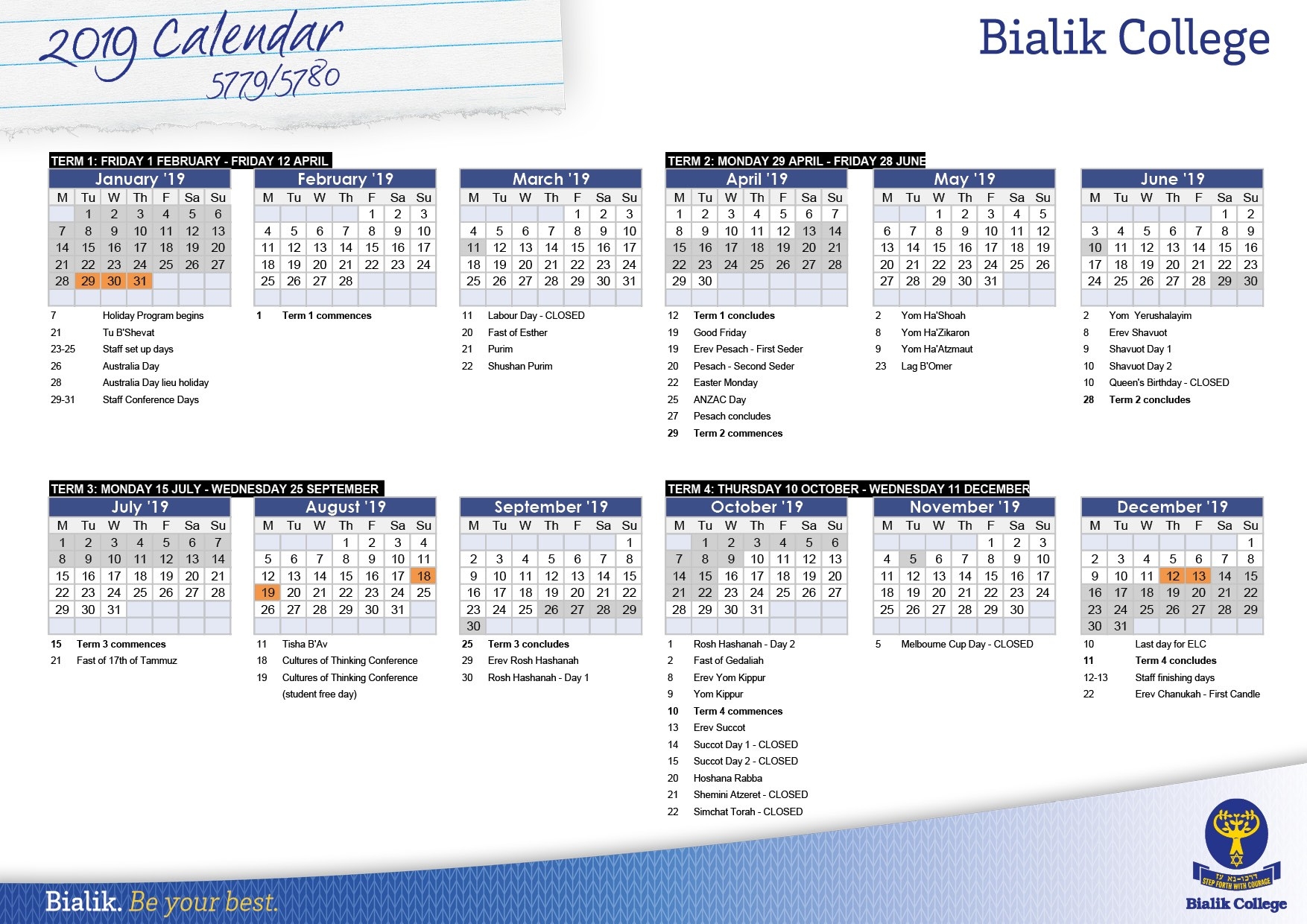 Calendar - Bialik-Calendar Of 2020 Jewish Holidays