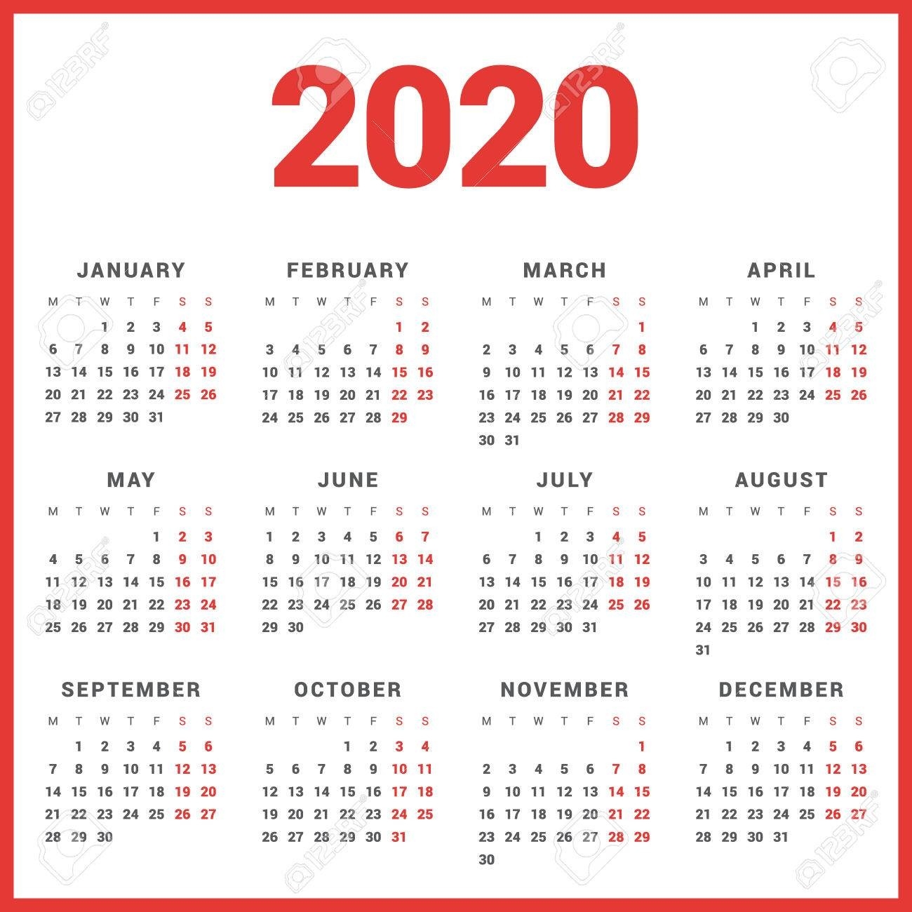Calendar For 2020 Year On White Background. Week Starts Monday-Printable Calendar 2020 Monthly Monday Weekday Start