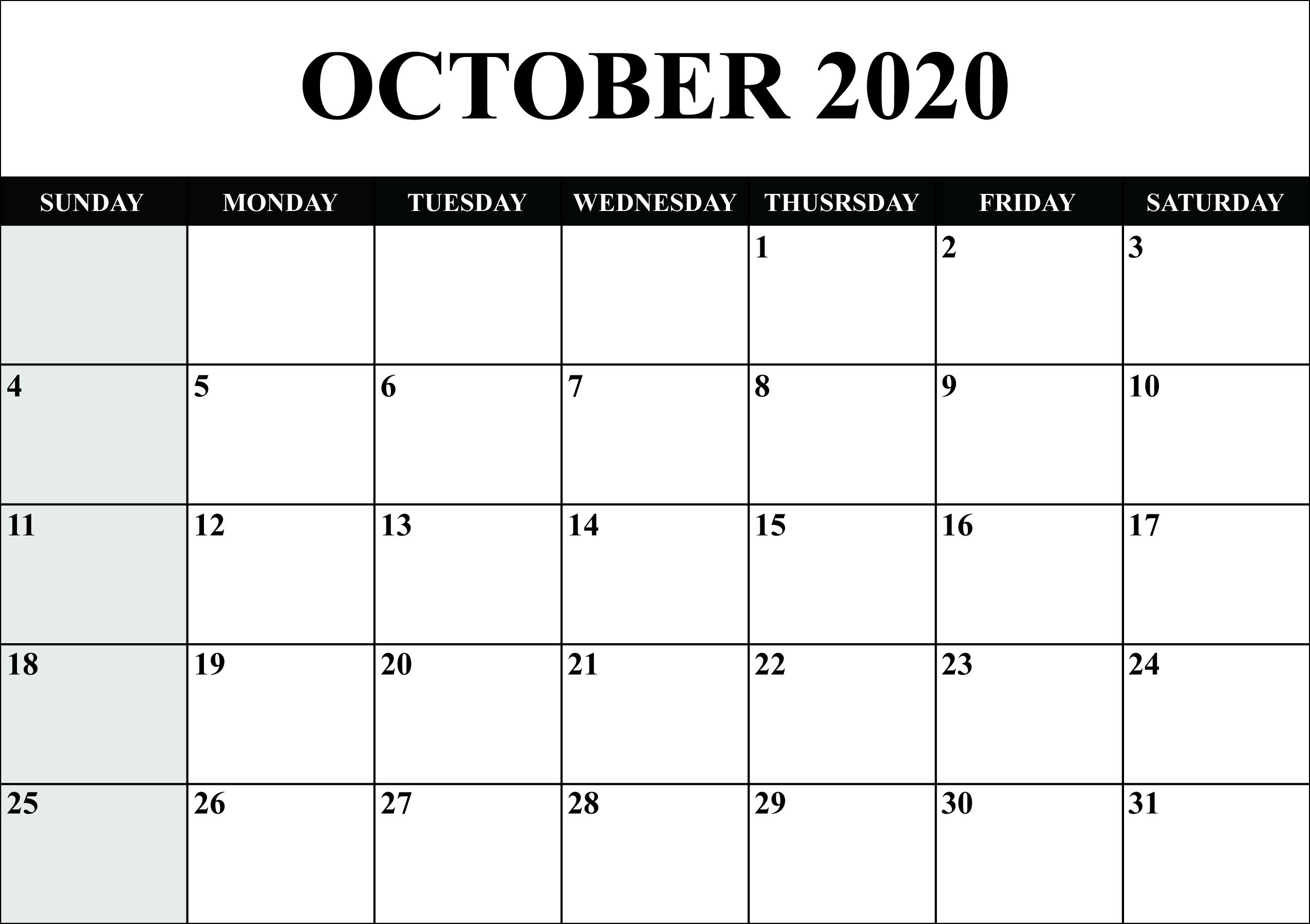 Calendar For October 2020 | Monthly Calendars | October-January 2020 Calendar Png