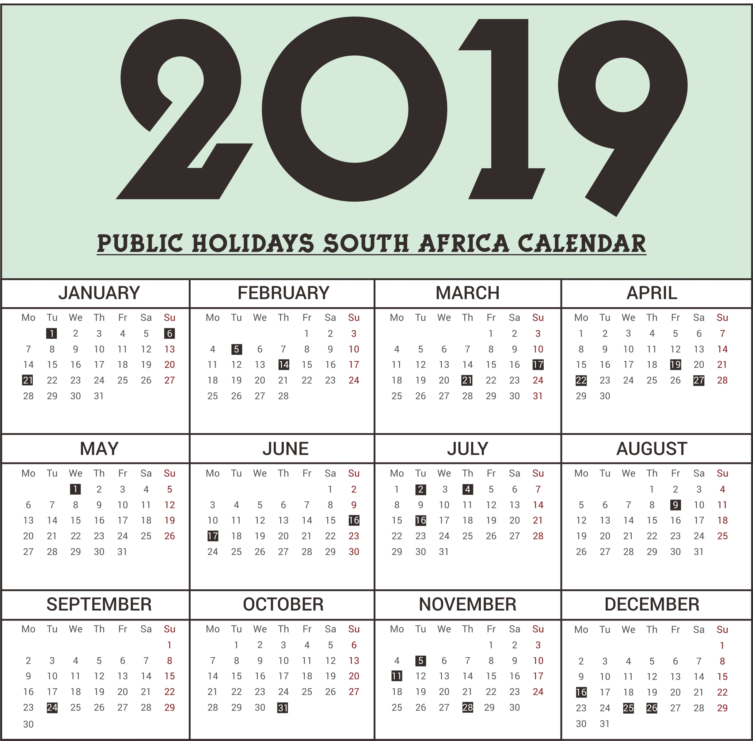 Calendar Holidays 2019 South Africa • Printable Blank-Public Holidays South Africa