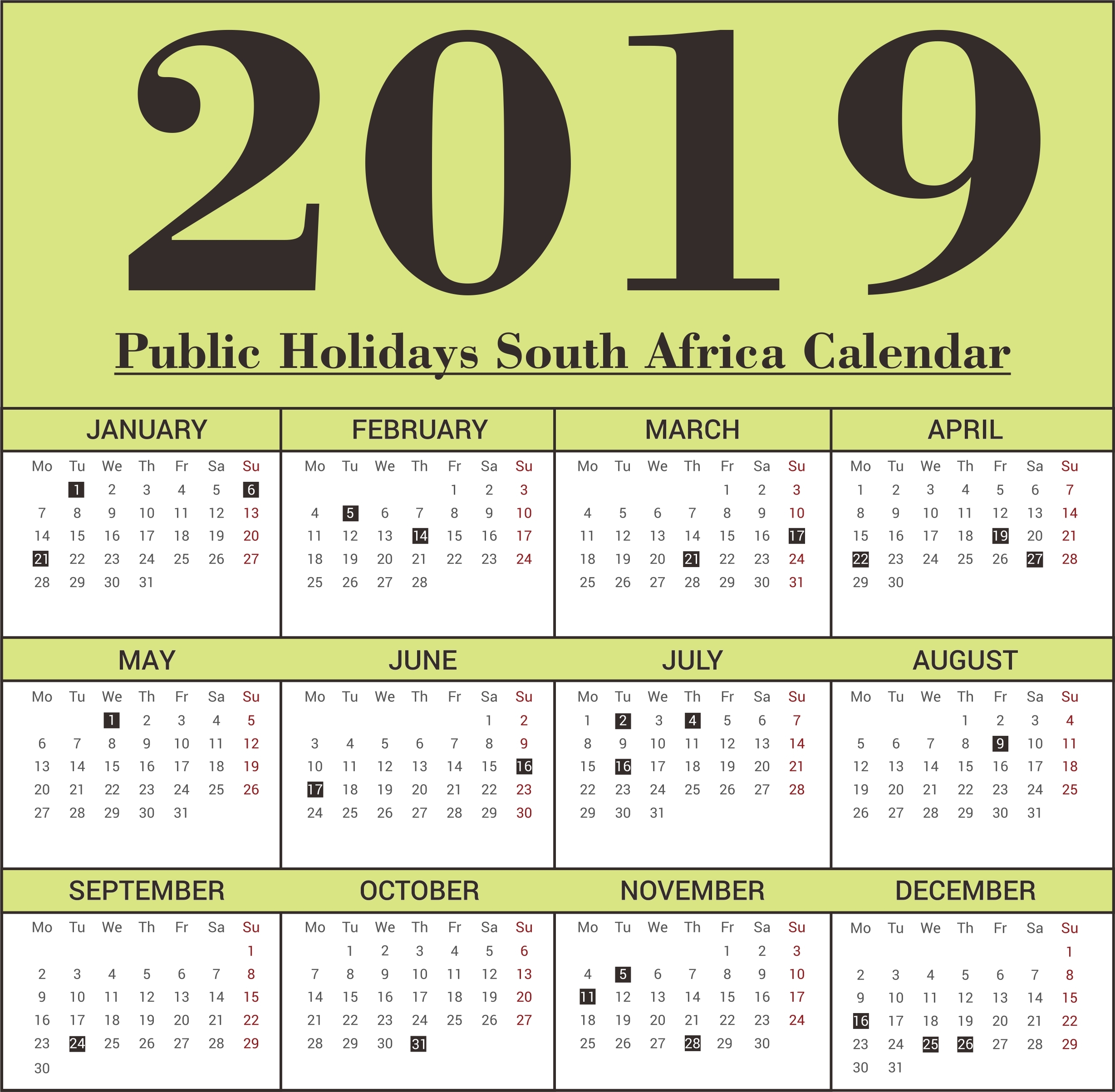 Holidays In South Africa Calendar Template Printable