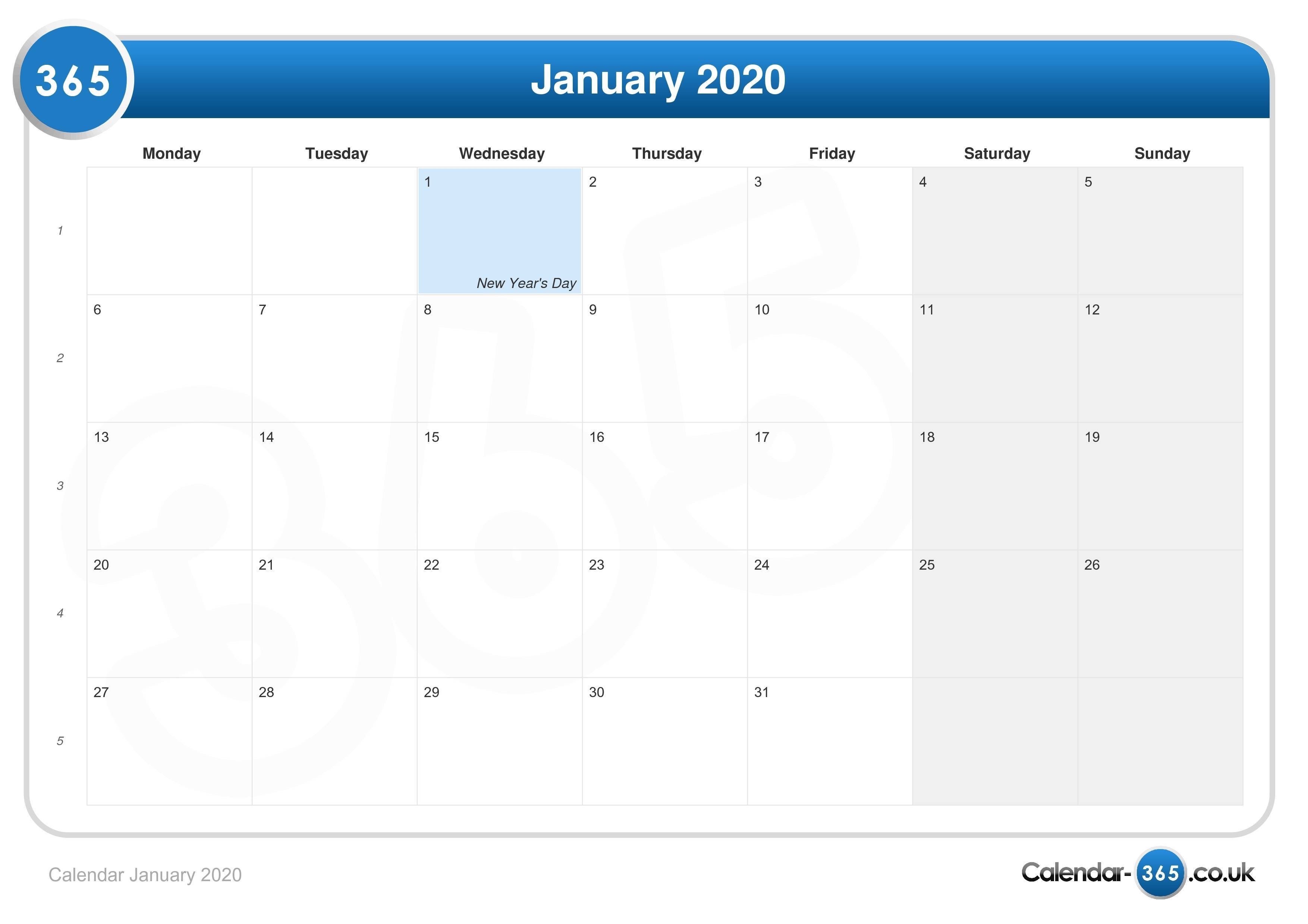 Calendar January 2020-January 2020 Calendar Uk