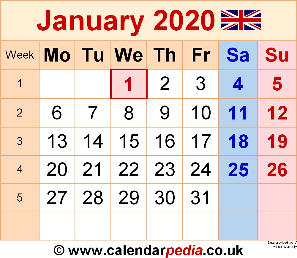 Calendar January 2020 Uk, Bank Holidays, Excel/pdf/word-January 2020 Calendar Uk