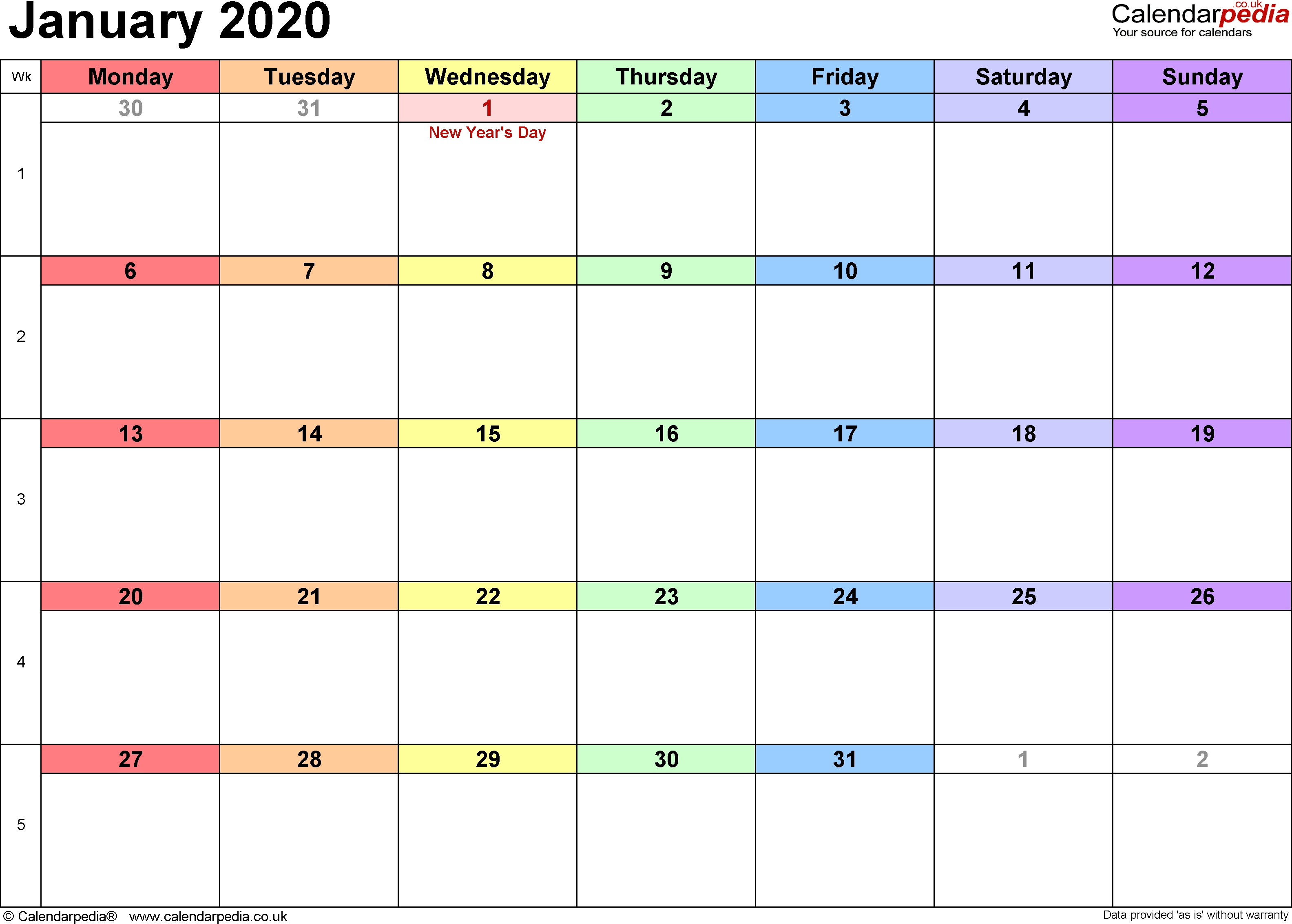 Calendar January 2020 Uk, Bank Holidays, Excel/pdf/word-January 2020 Canadian Calendar