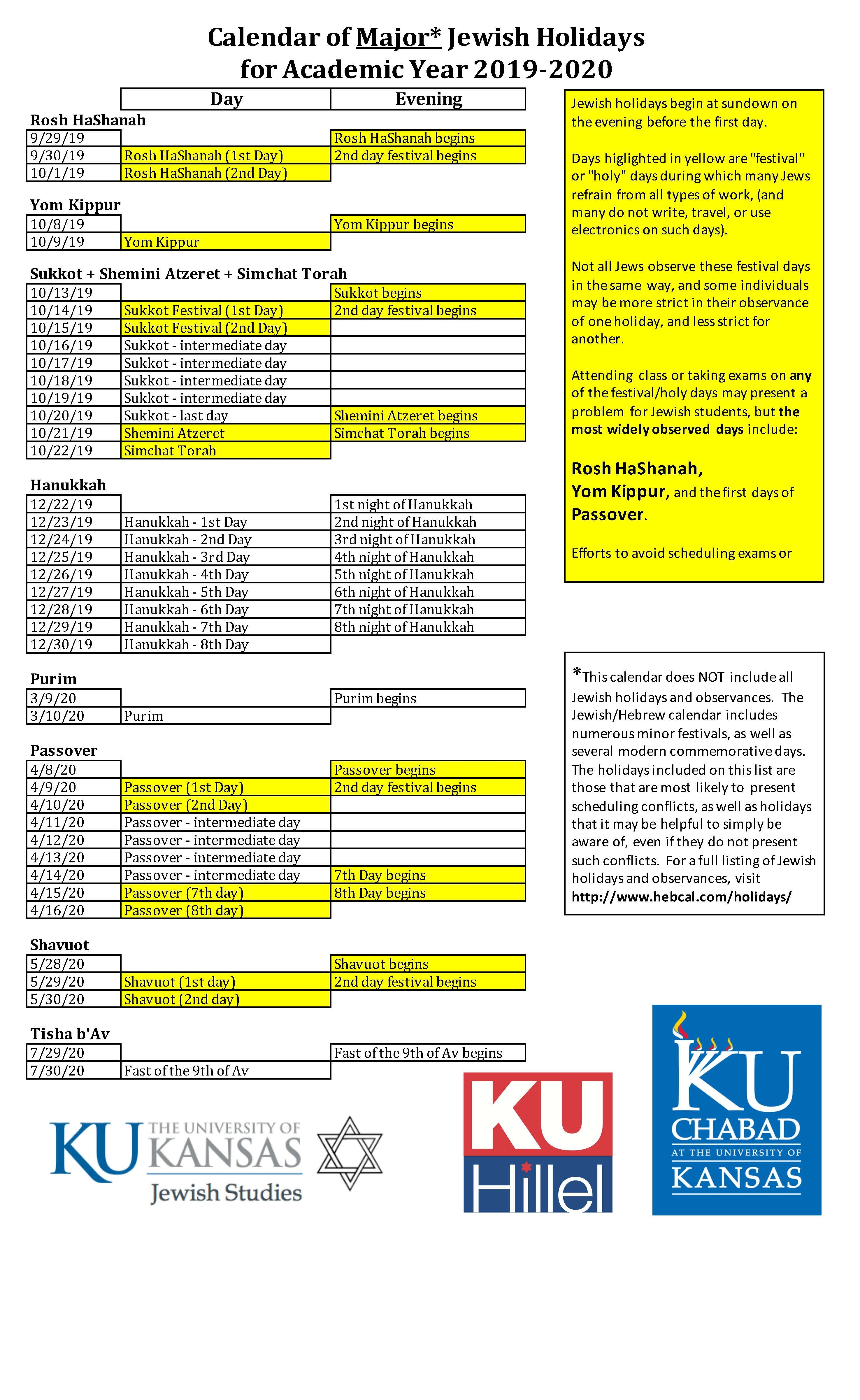 Calendar Of 2020 Jewish Holidays | Calendar Template Printable