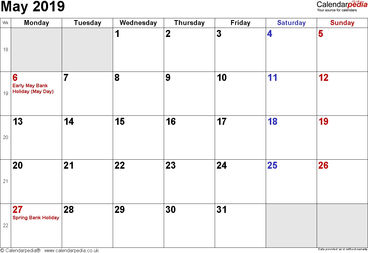 Calendar May 2019 Uk, Bank Holidays, Excel/pdf/word Templates-Blank Month Caledar Uk