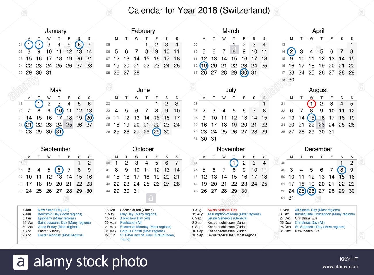 Calendar Of Year 2018 With Public Holidays And Bank Holidays-Bank Holidays In Zurich
