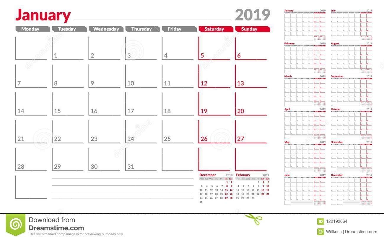 Calendar Planner Template 2019. Week Start From Monday. Set-Monthly Calendar Monday Start Week