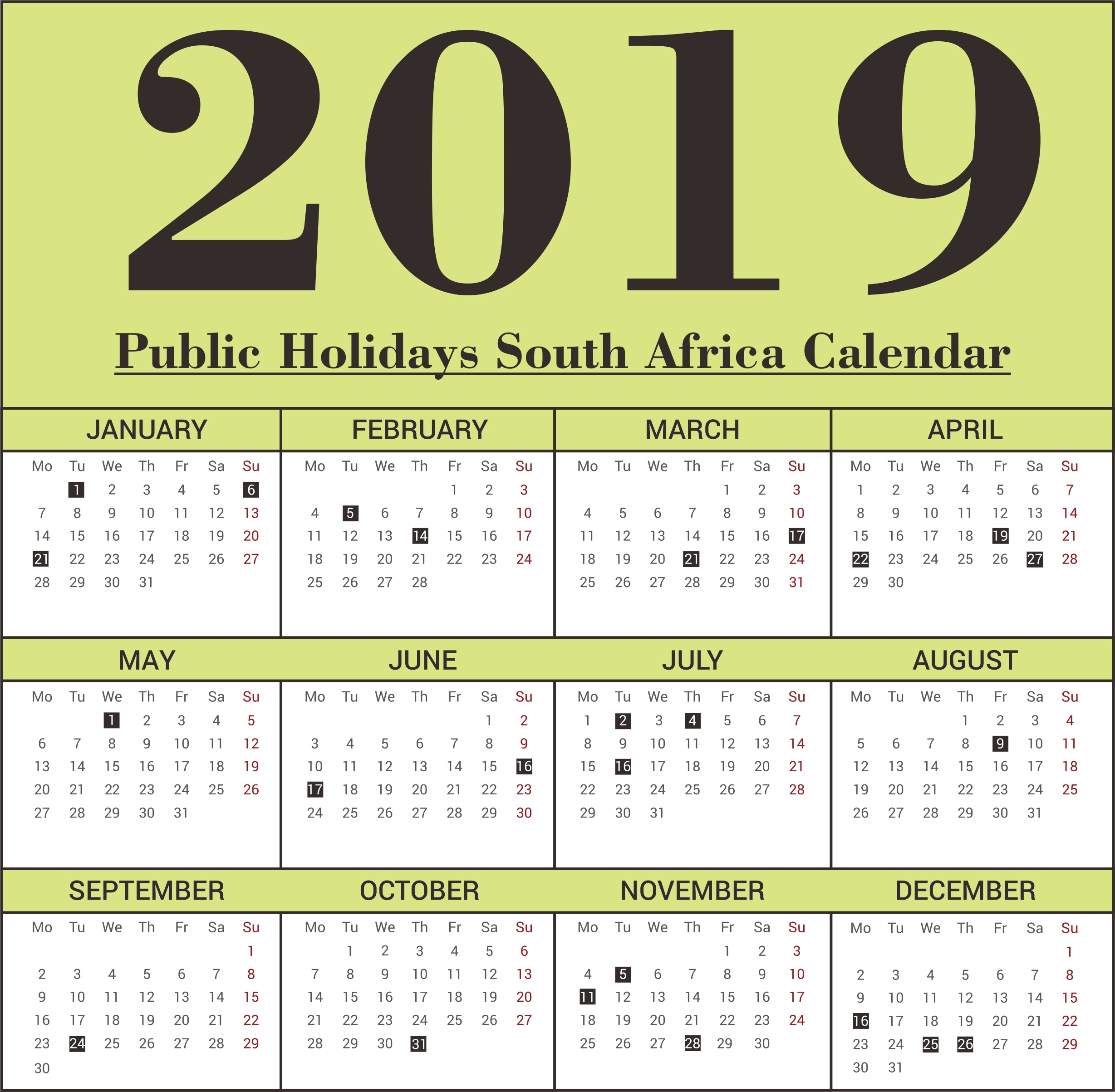 Calendar Public Holidays South Africa 2019 • Printable Blank-South African Calendar With Public Holidays
