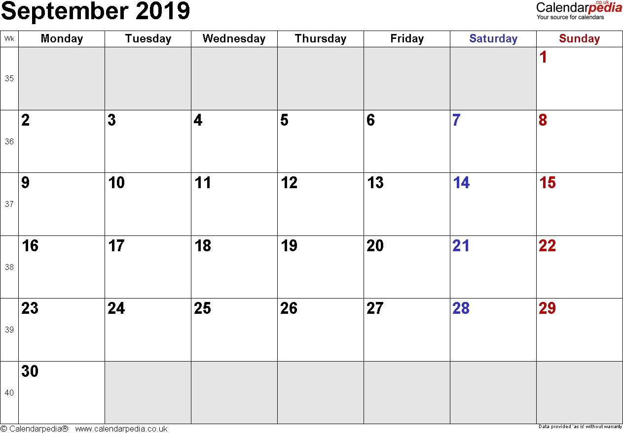 Calendar September 2019 Uk, Bank Holidays, Excel/pdf/word-Monthly Calendar Uk Printable