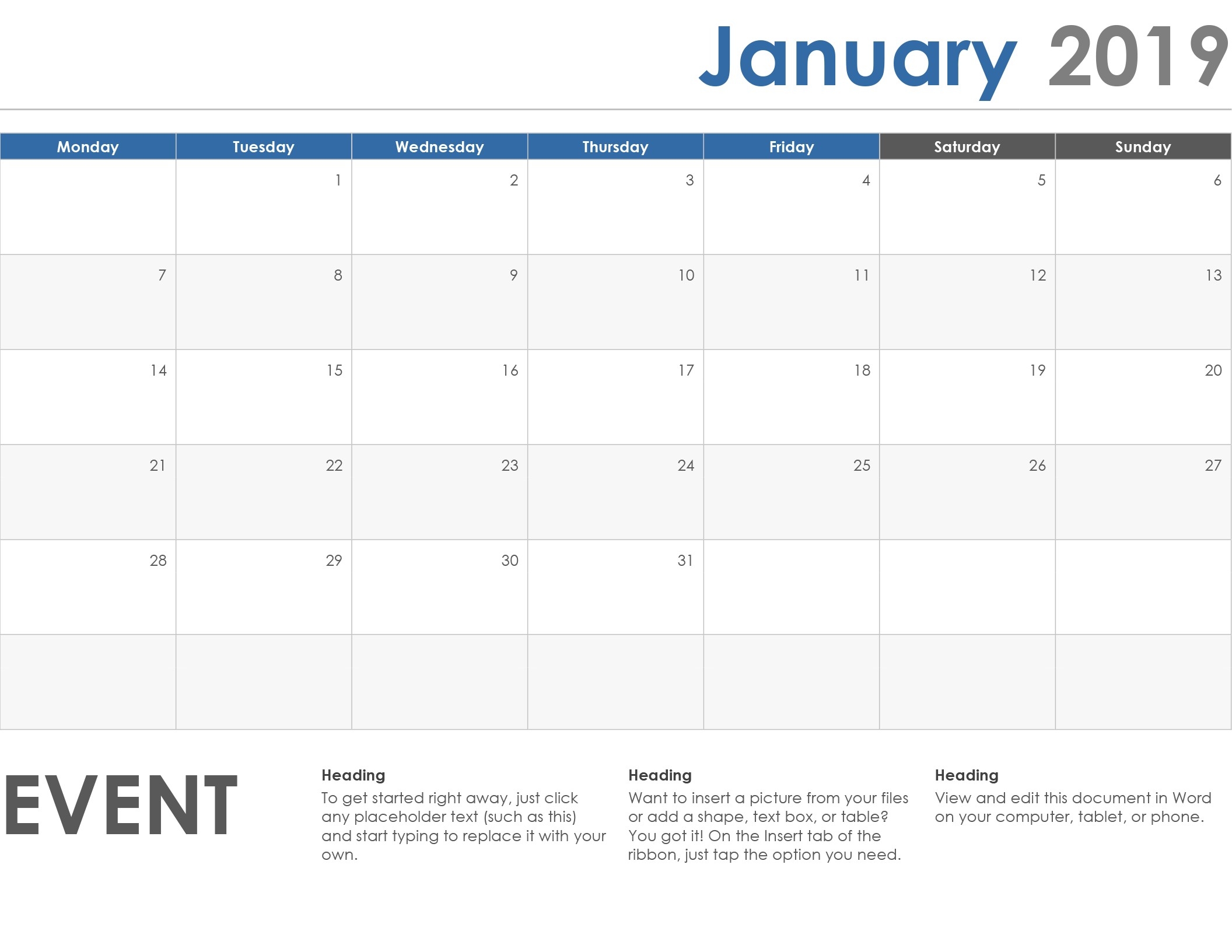 Calendars - Office-Blank Calendar Template With Space For Memo And Notes Printable