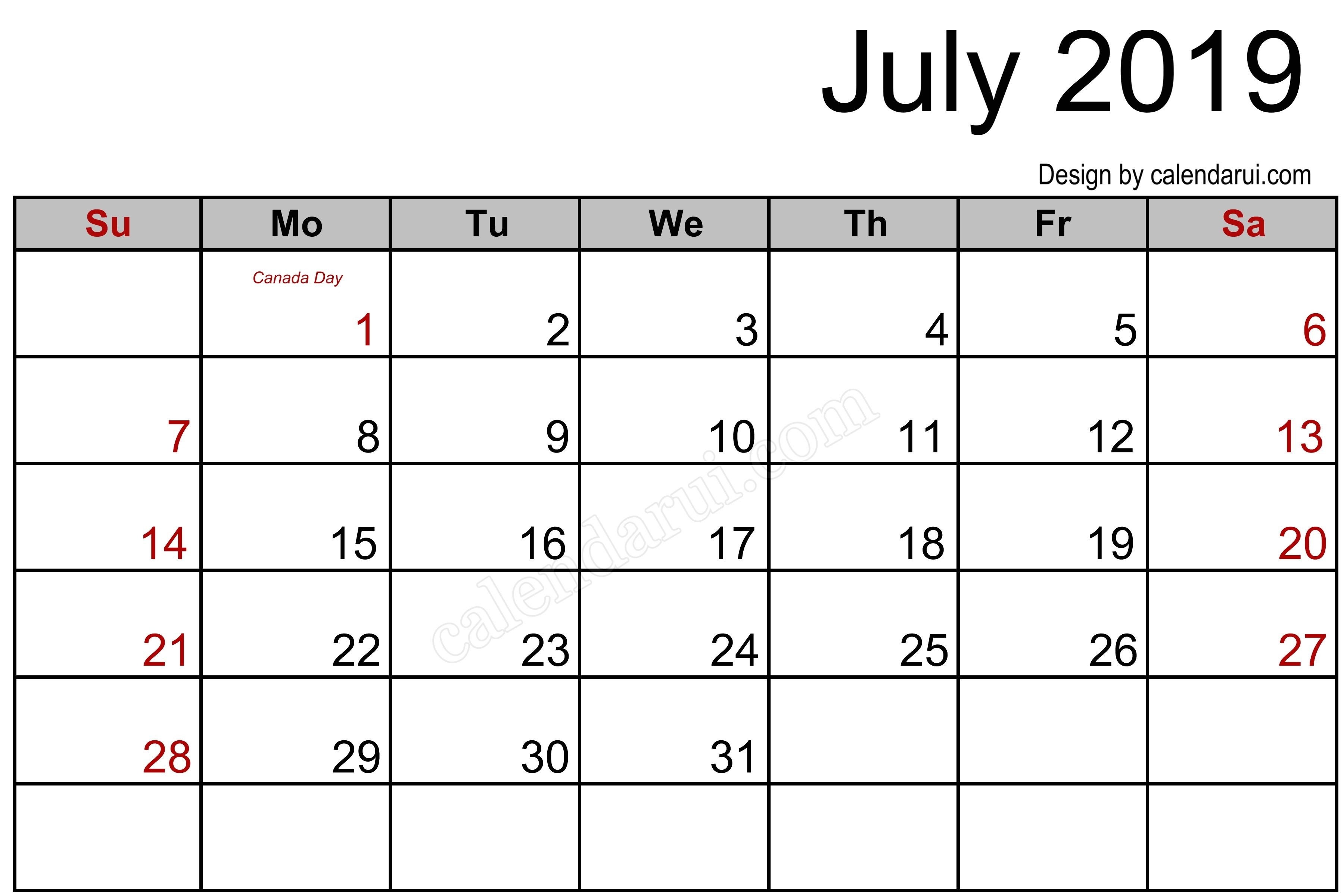 Canada July 2019 Calendar Printable Template Blank | 2019-Blank Calendar With Lines Template