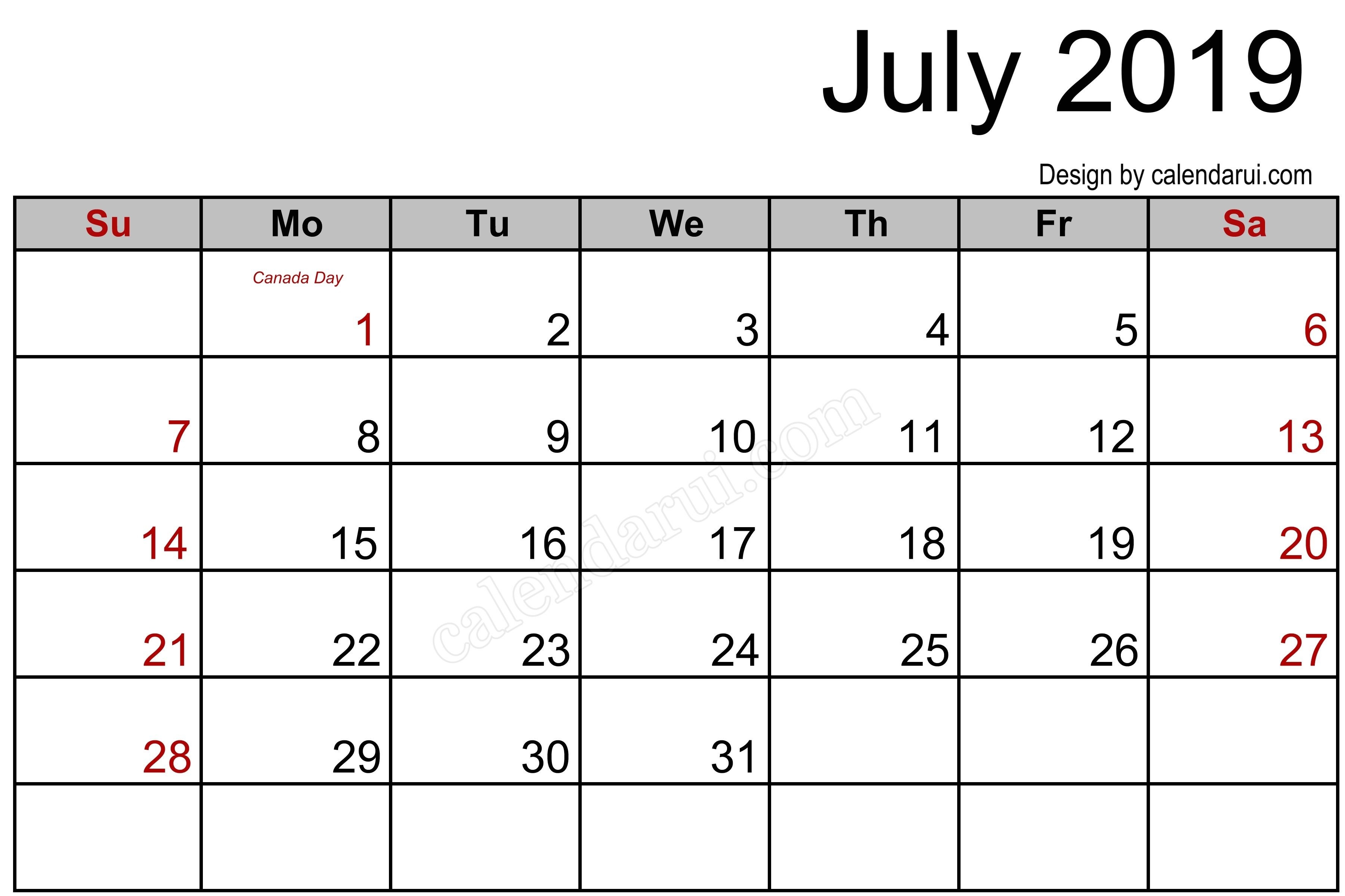 Canada July 2019 Calendar Printable Template Blank | 2019-Free Calendar Template Printable 201