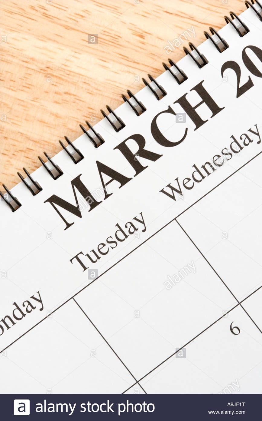 Close Up Of Spiral Bound Calendar Displaying Month Of March-Spiral Bound Monthly Calendar
