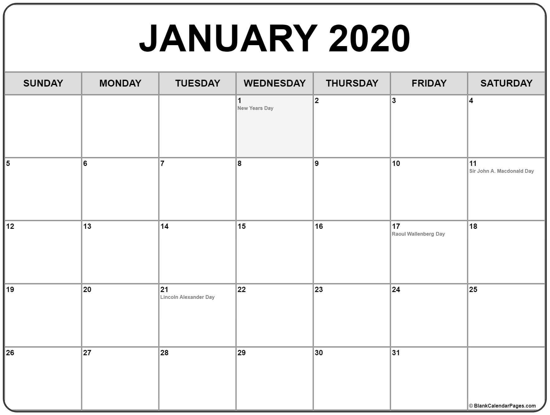 Collection Of January 2020 Calendars With Holidays-January 2020 Canadian Calendar