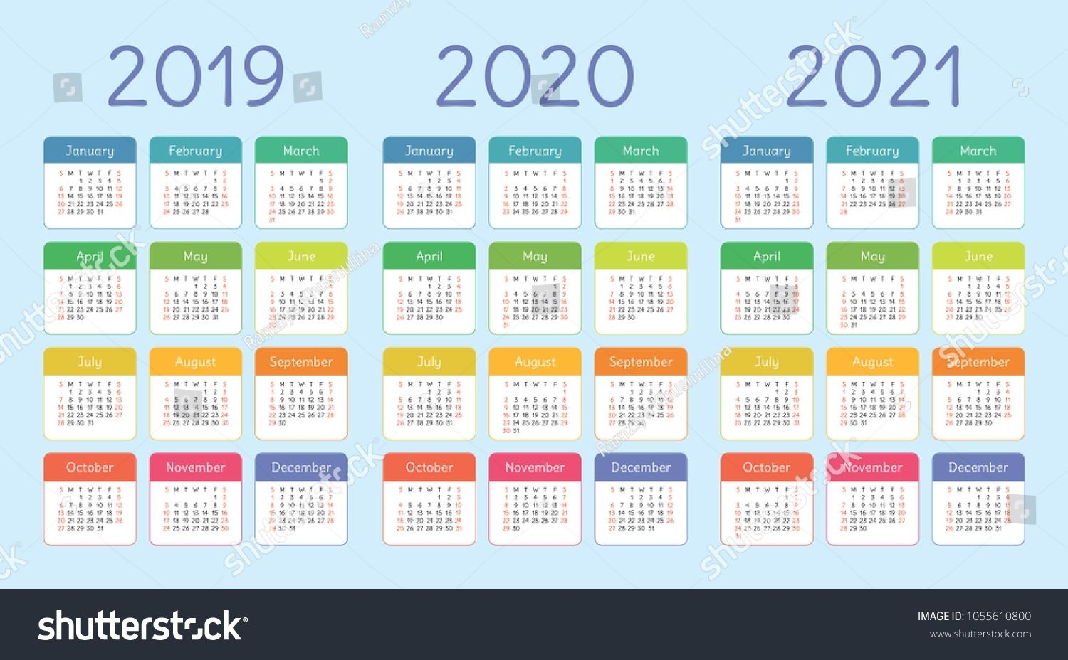 Colorful Calendar Set 2019, 2020 And 2021. Bright, Fun, Cute-Adobe Indesign Calendar Template 2020