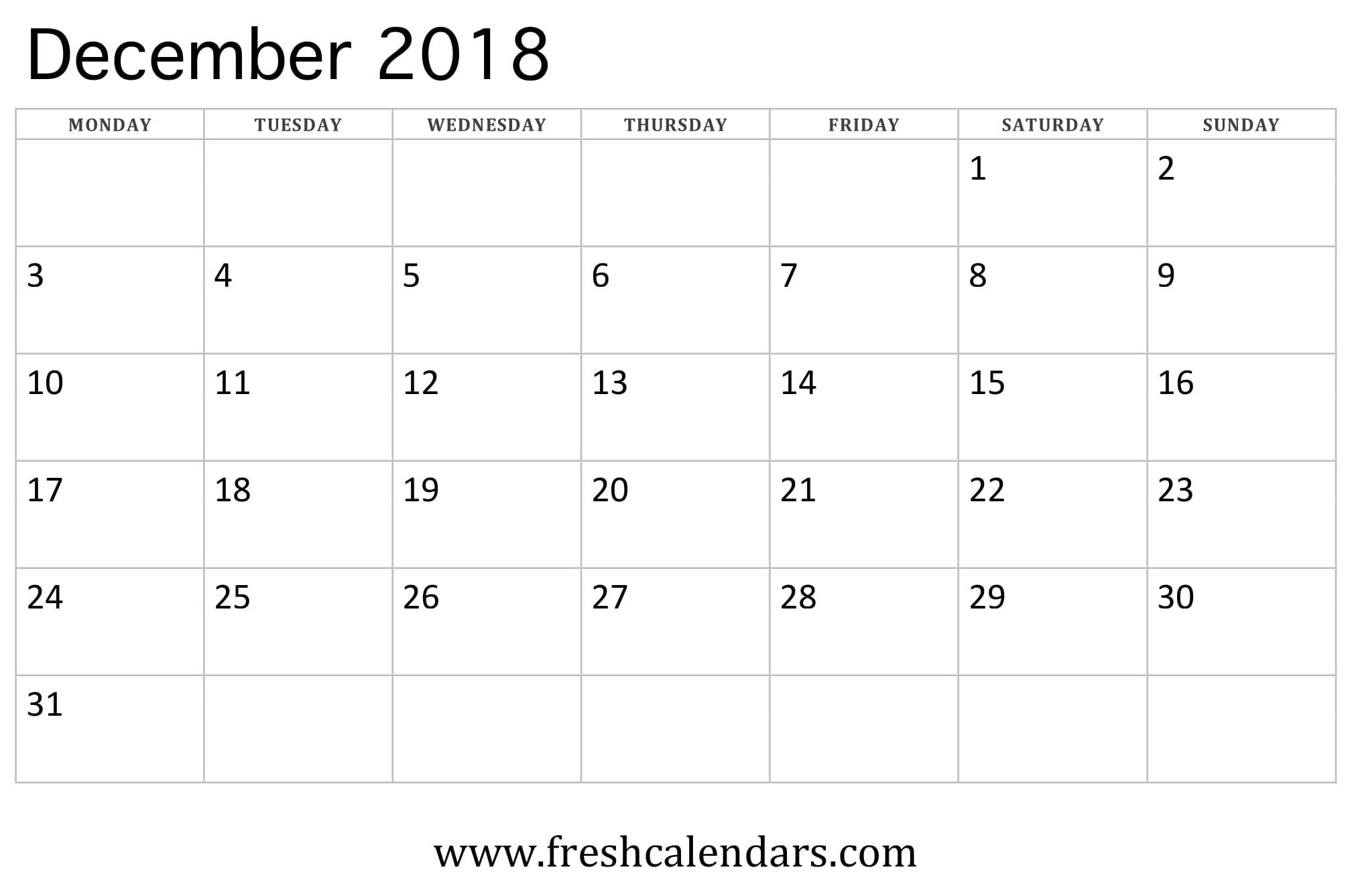 December 2018 Calendar Printable - Fresh Calendars-Monthly Calendar Monday Start Week