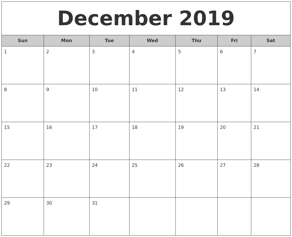 December 2019 Free Monthly Calendar-Monthly Calendar Monday Start Week