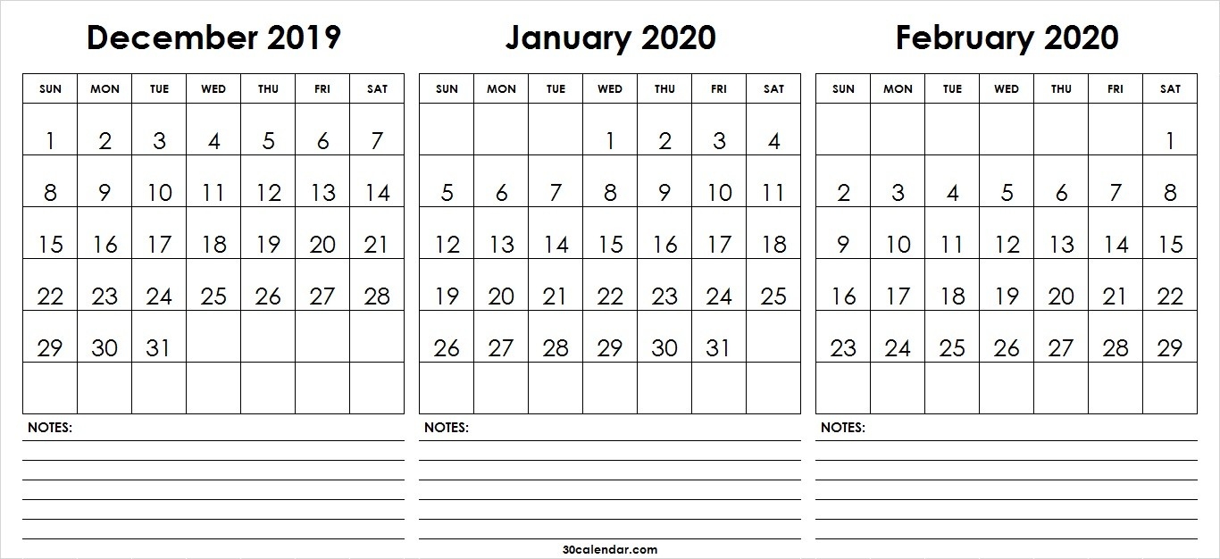 December 2019 January February Calendar 2020 | 3 Month Calendar-January And Feb 2020 Calendar