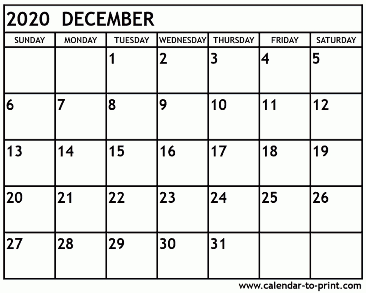 December 2020 Calendar Printable-Monthly Calendar August Through December 2020