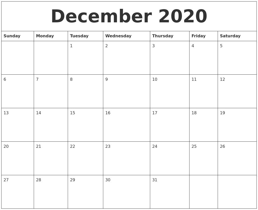 December 2020 Calendar Templates Free-2020 Calendar Templates Monday - Sunday
