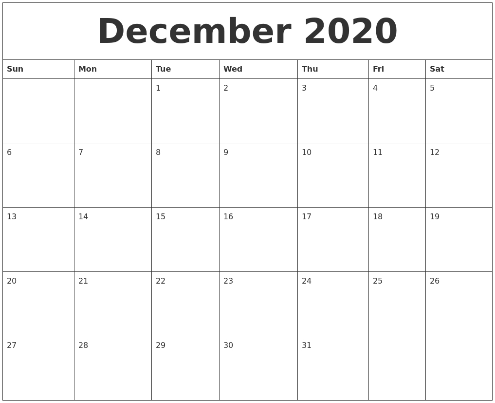 December 2020 Free Printable Calendar Templates-2020 Free Monthly Printable Calendar Monday Thru Friday