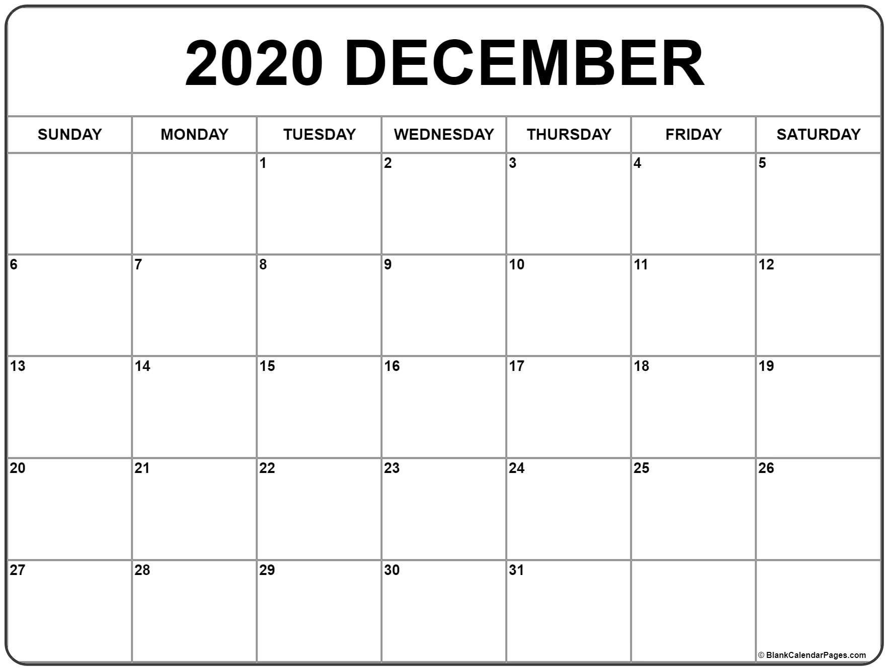 December 2020 Printable Calendar Template #2020Calendars-Blank Monthly Calendar Template 2020 Free