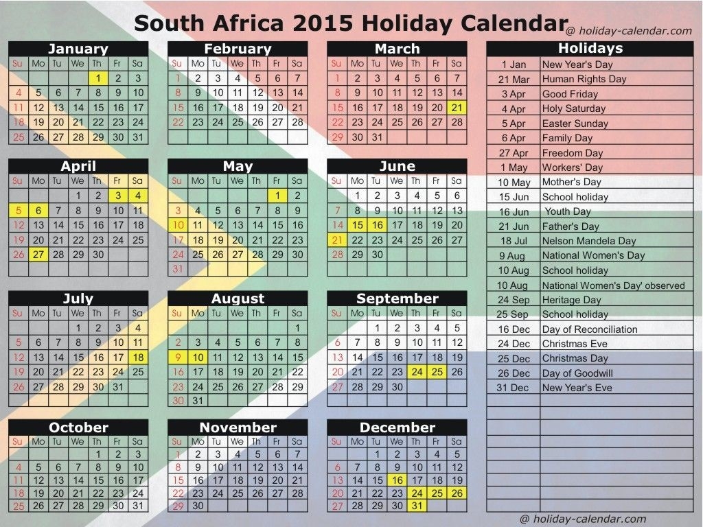 South African Calendar With Public Holidays Calendar Template Printable