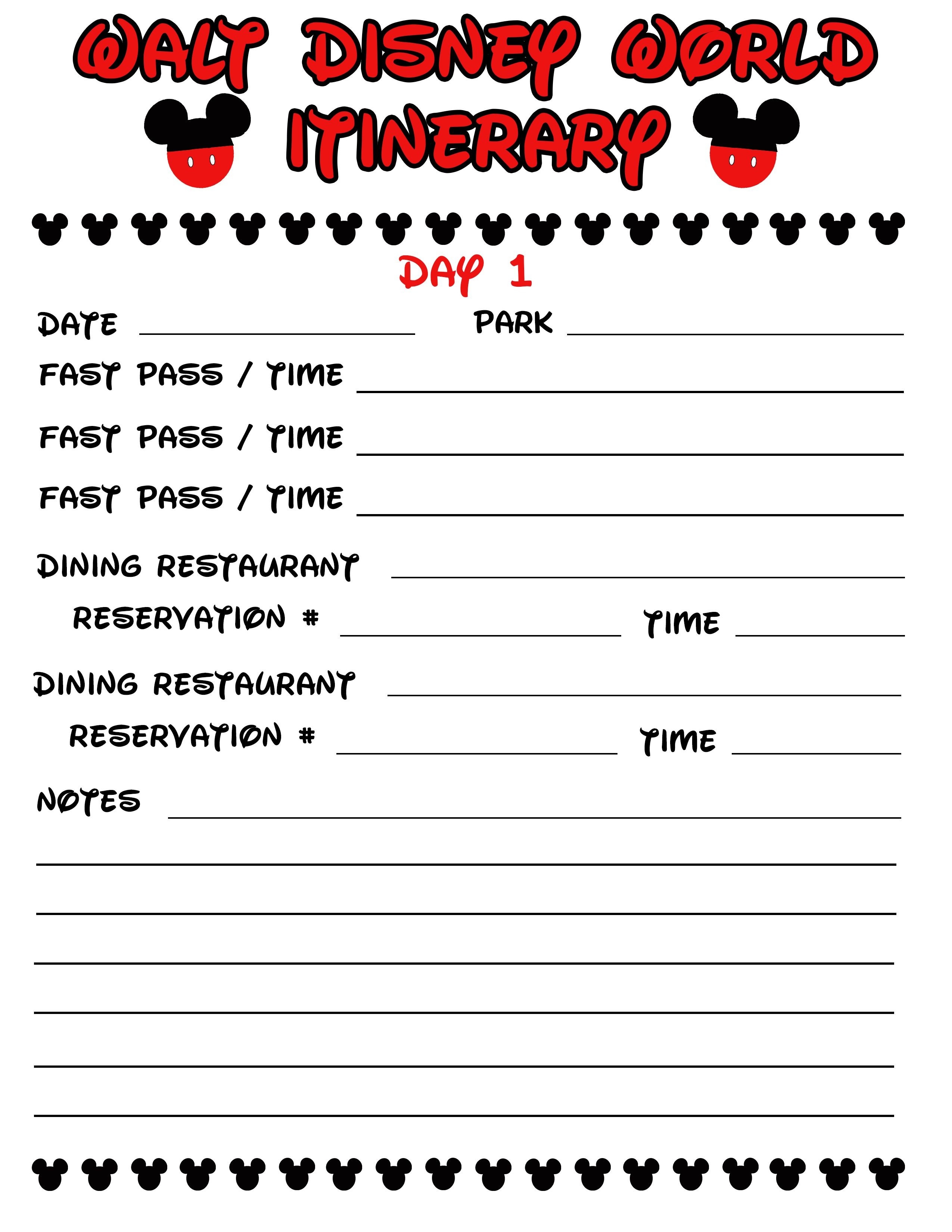 Disney Agenda &amp; Itinerary Free Printable | Disney | Disney-Disney Week Blank Itinerary