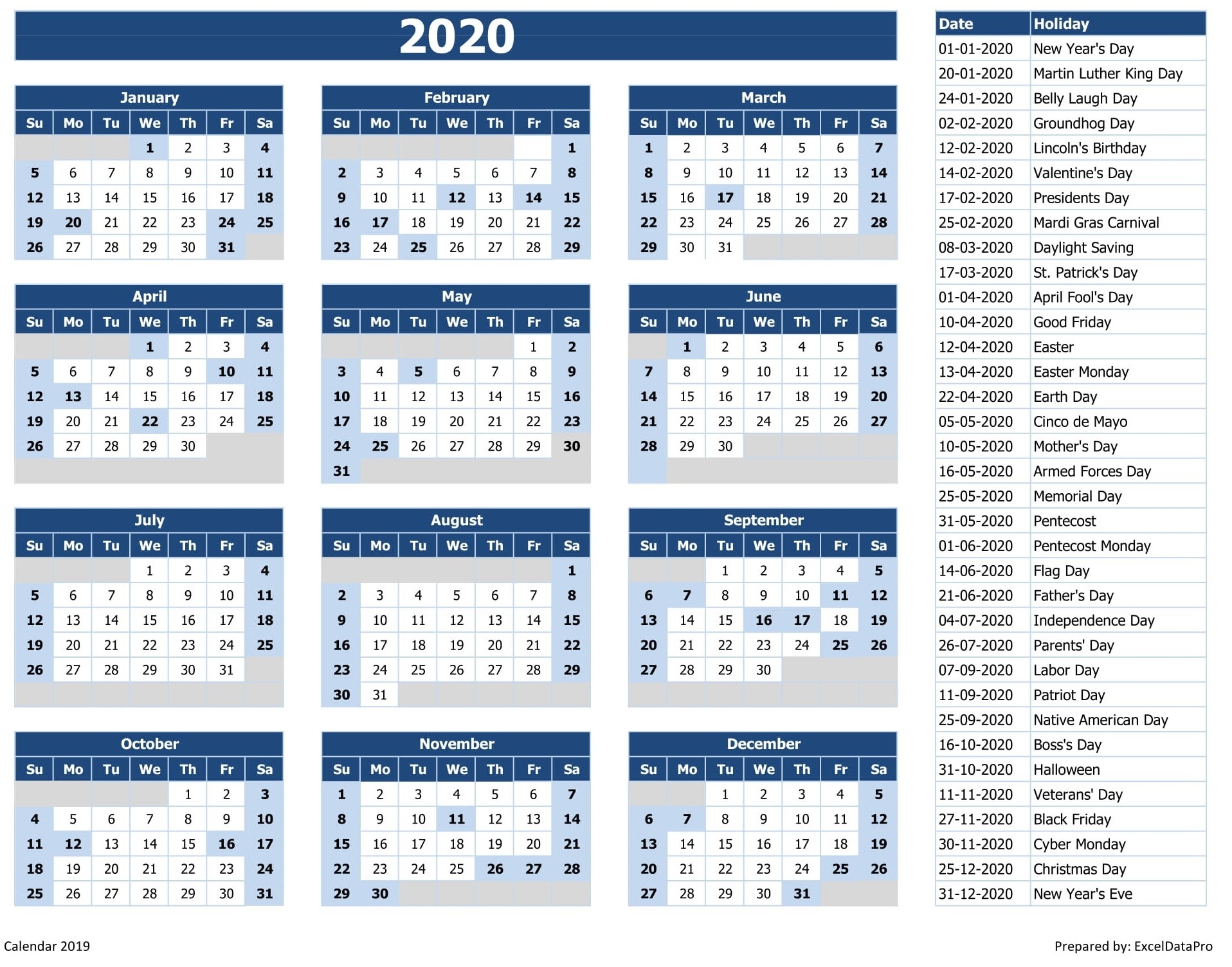 Download 2020 Yearly Calendar (Sun Start) Excel Template-List Of Holidays By Month 2020