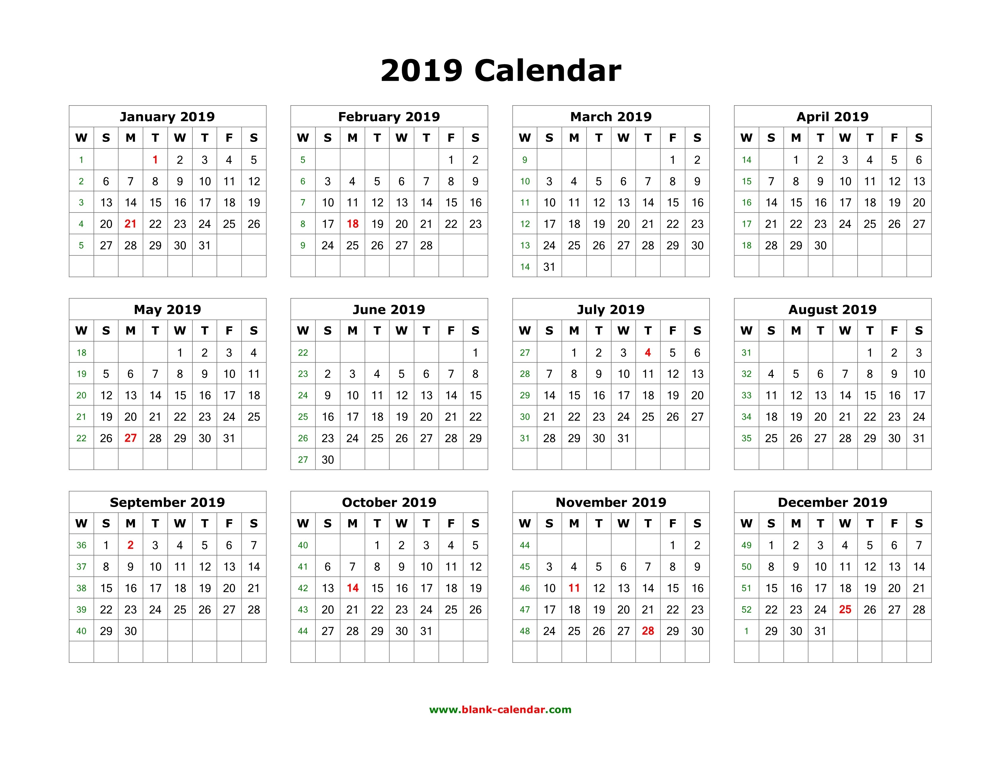 Download Blank Calendar 2019 (12 Months On One Page, Horizontal)-Blank Calendar 4 Months One Page