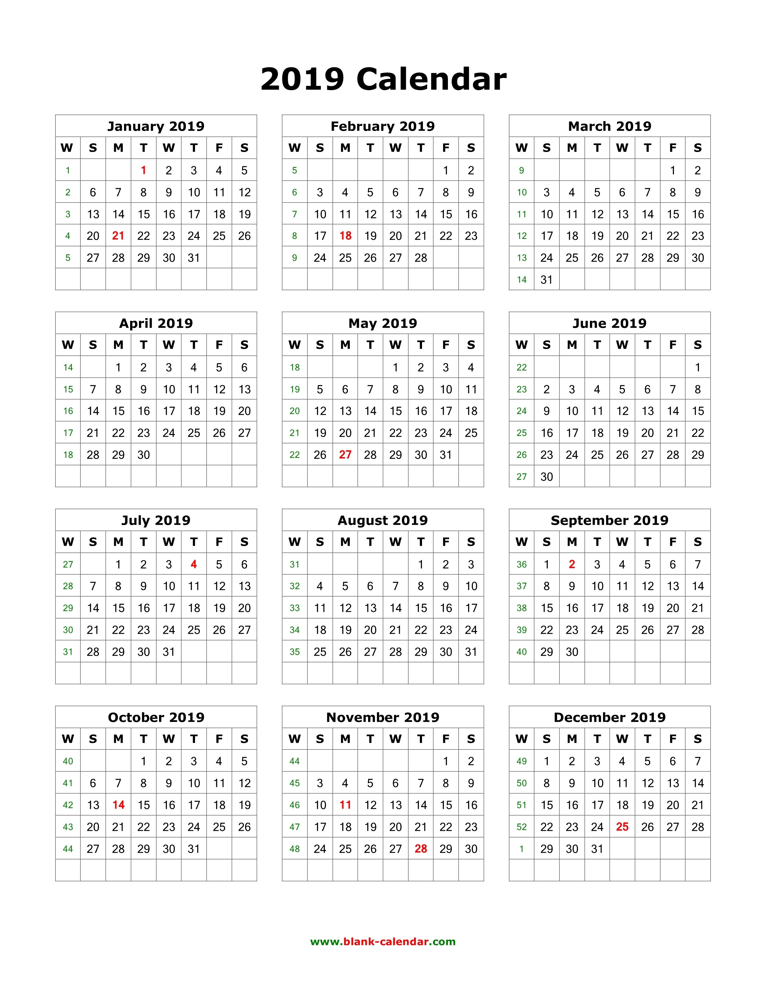 Download Blank Calendar 2019 (12 Months On One Page, Vertical)-Printable 18 Month Blank Calendar