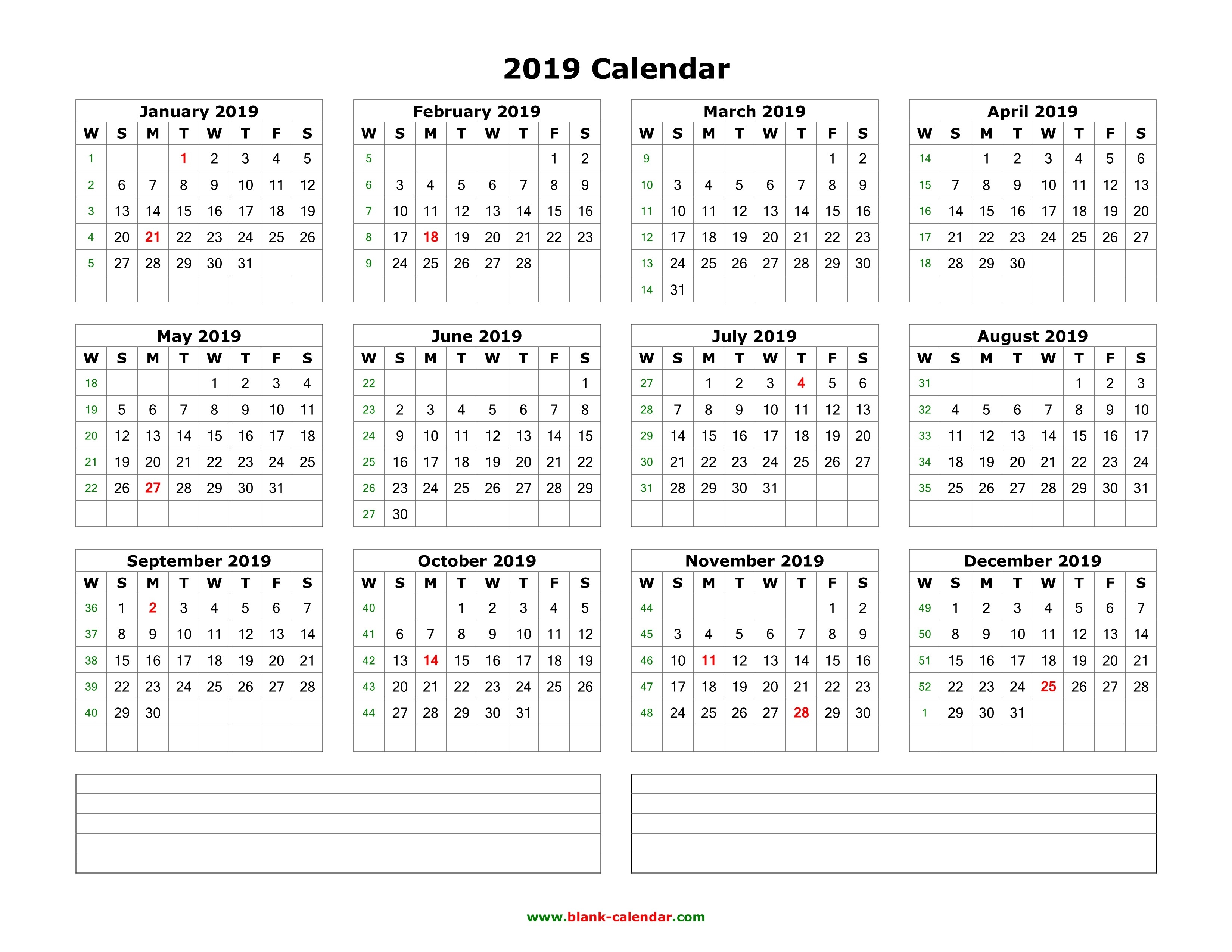 Download Blank Calendar 2019 With Space For Notes (12 Months-Blank Calendar 4 Months One Page