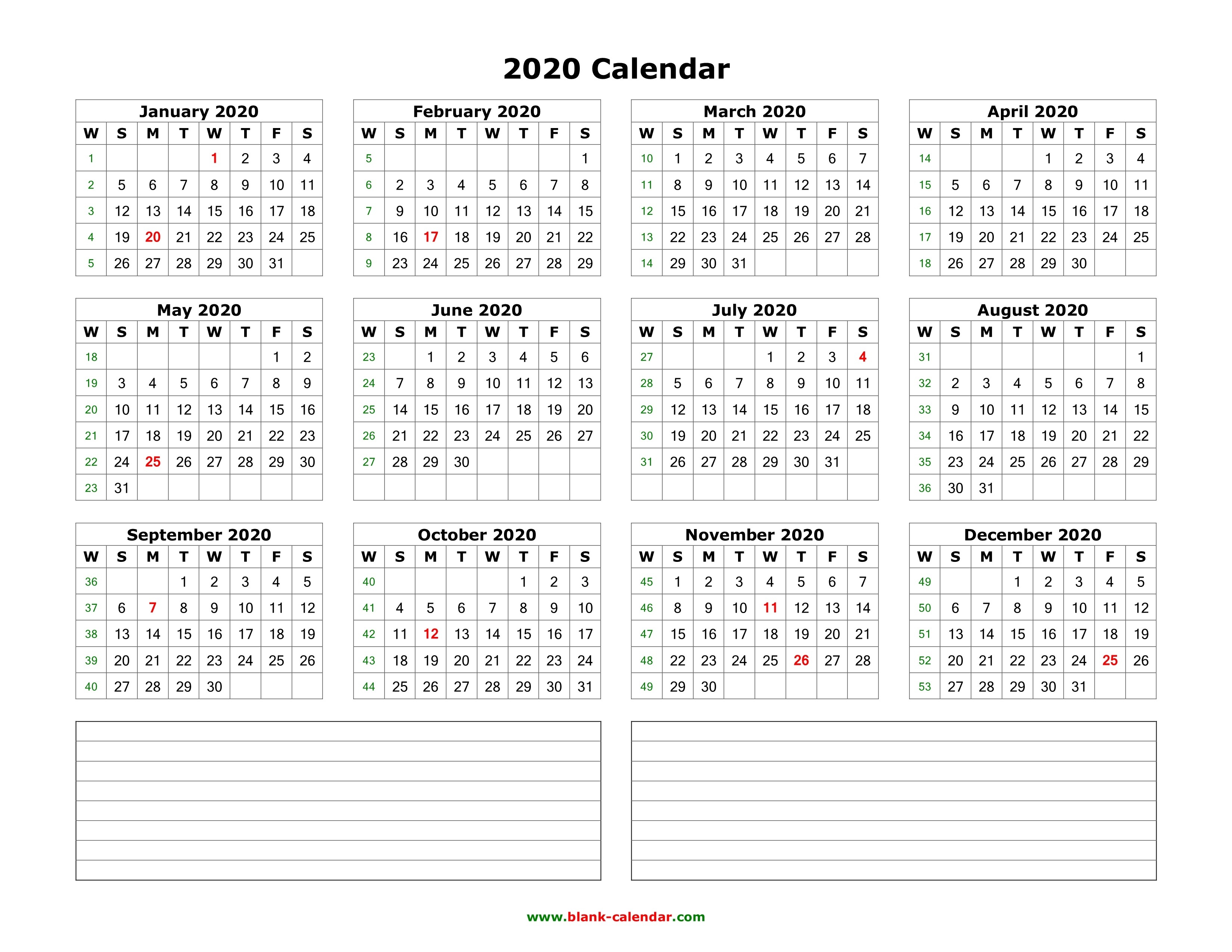 Download Blank Calendar 2020 With Space For Notes (12 Months-12 Month Blank Calendar 2020 Printable