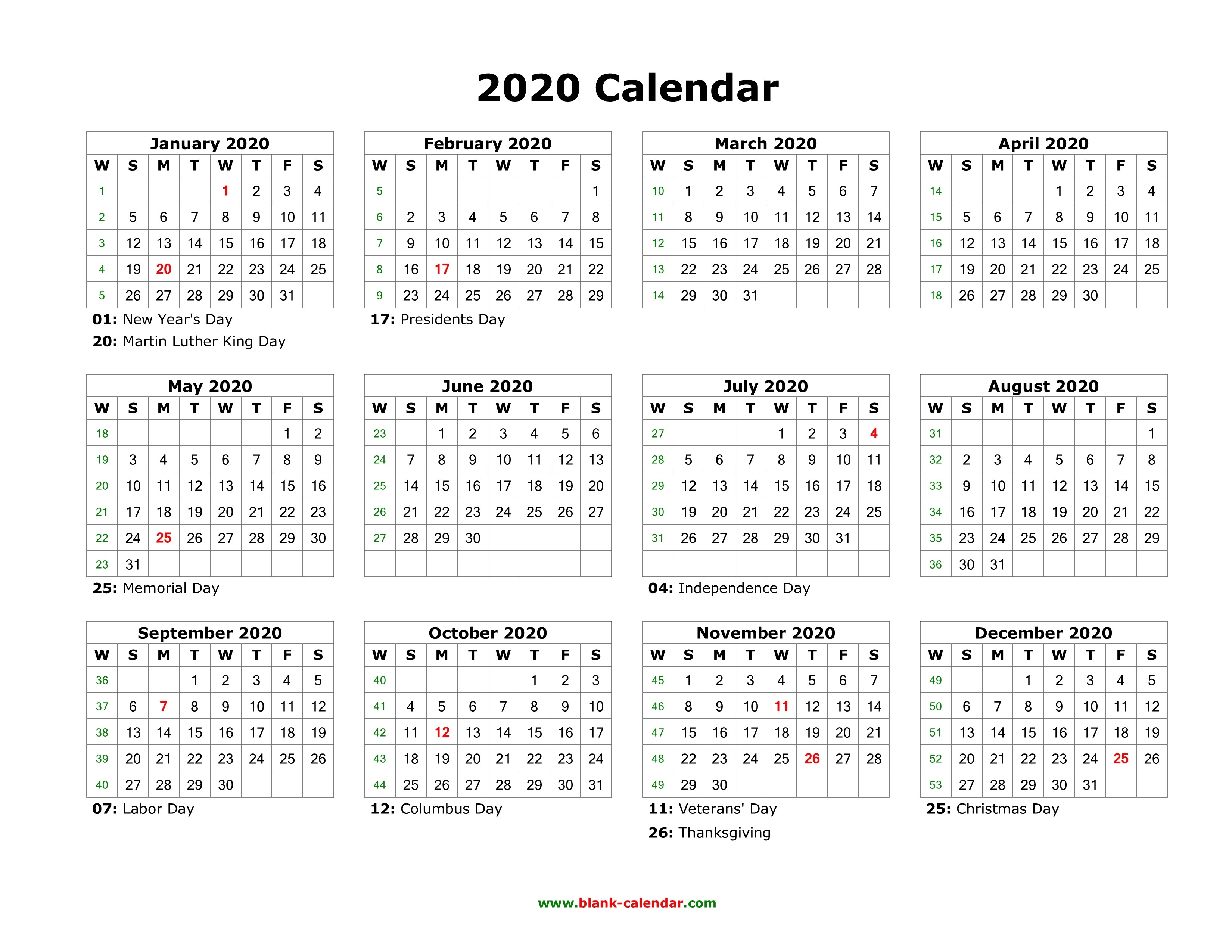 Download Blank Calendar 2020 With Us Holidays (12 Months On-2020 Calendar Us Holidays