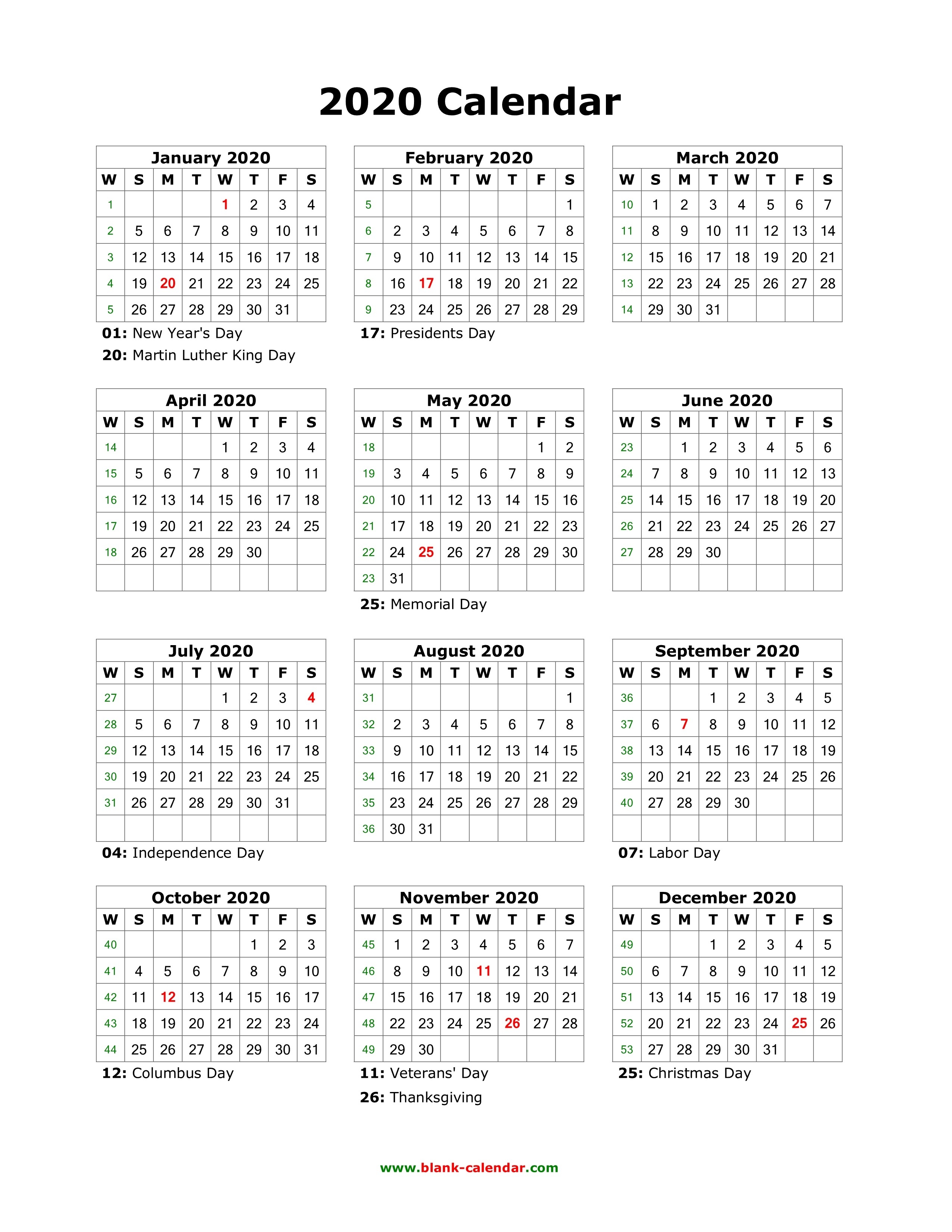 Download Blank Calendar 2020 With Us Holidays (12 Months On-Calendar 2020 Holidays Us