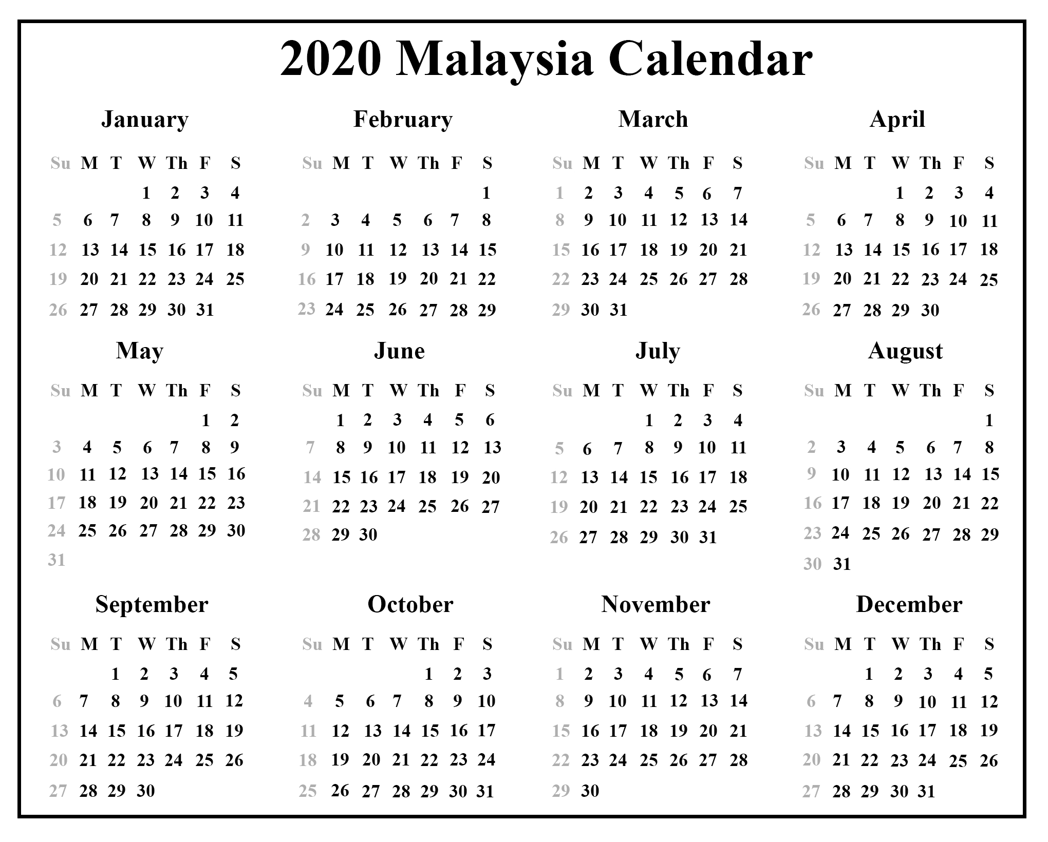 Download Free Blank Malaysia Calendar 2020 Template In Pdf-2022 Calendar Printable With Holidays Malaysia