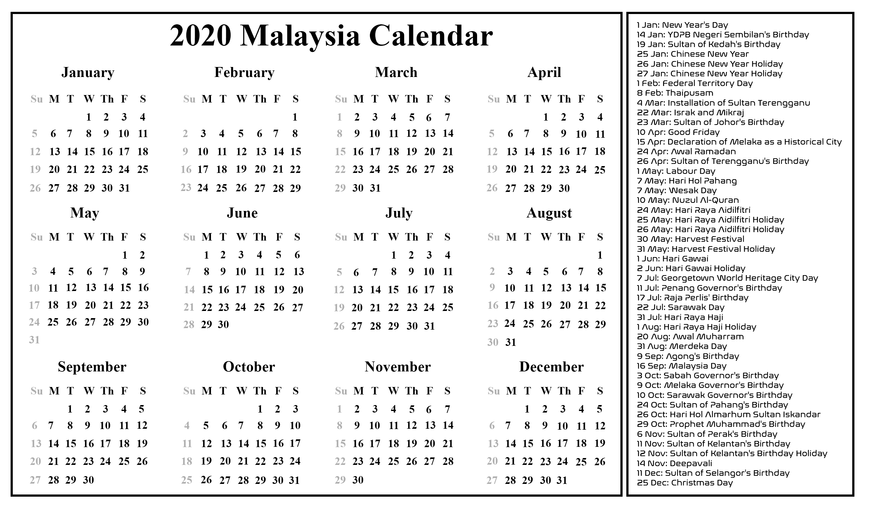 2022 Calendar Printable With Holidays Malaysia Calendar Template