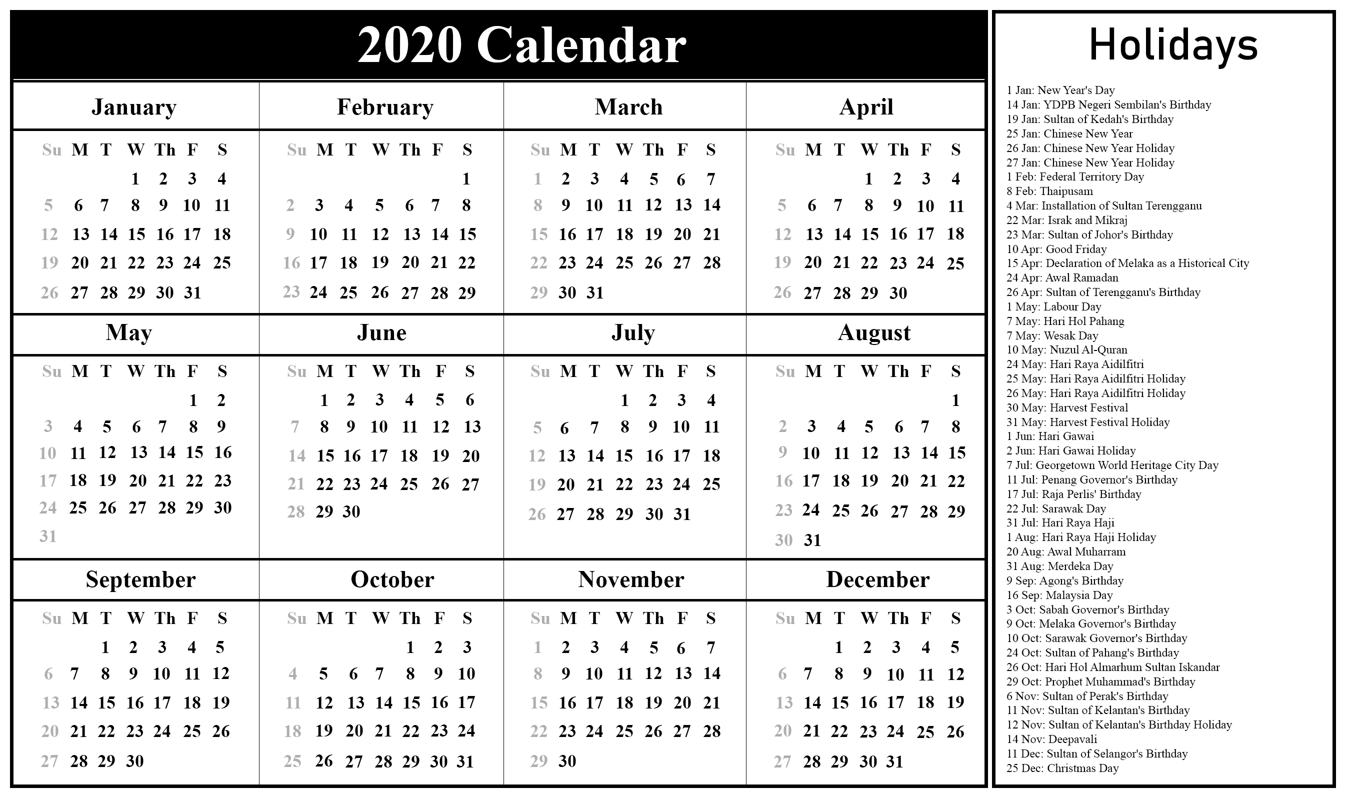 2022 Calendar Printable With Holidays Malaysia Calendar Template 