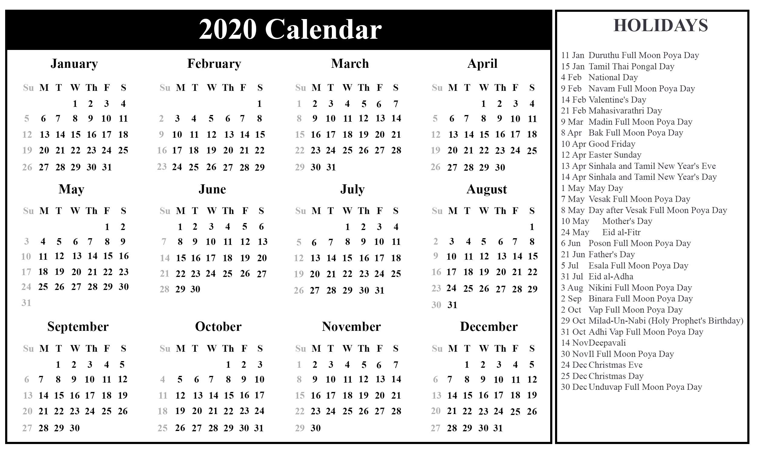 Download Free Sri Lanka Calendar 2020 In Pdf, Excel &amp; Word-2020 Calendar With Religious Holidays