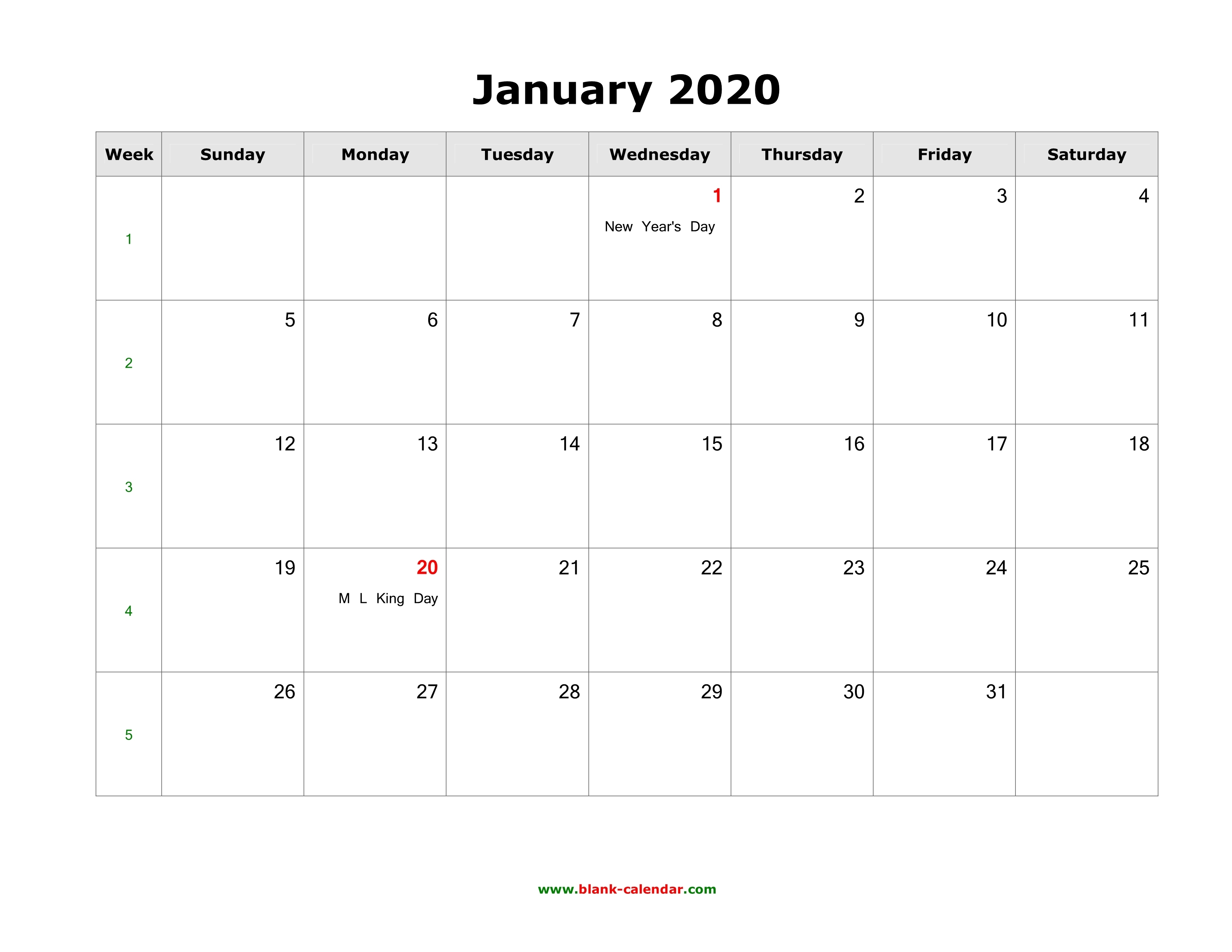 Download January 2020 Blank Calendar With Us Holidays-January 2020 Us Calendar